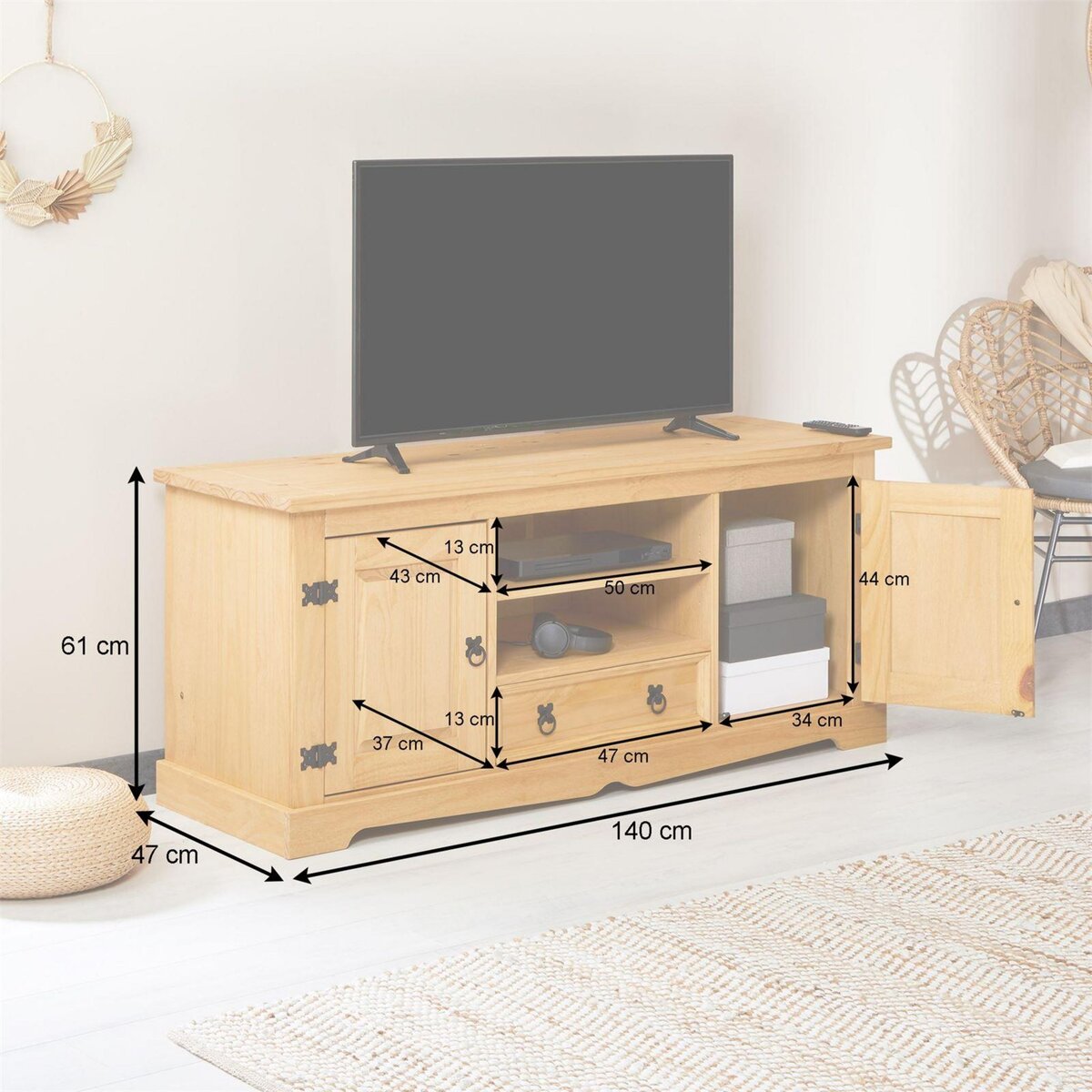 IDIMEX Meuble TV TEQUILA, 2 portes et 1 tiroir, en pin massif