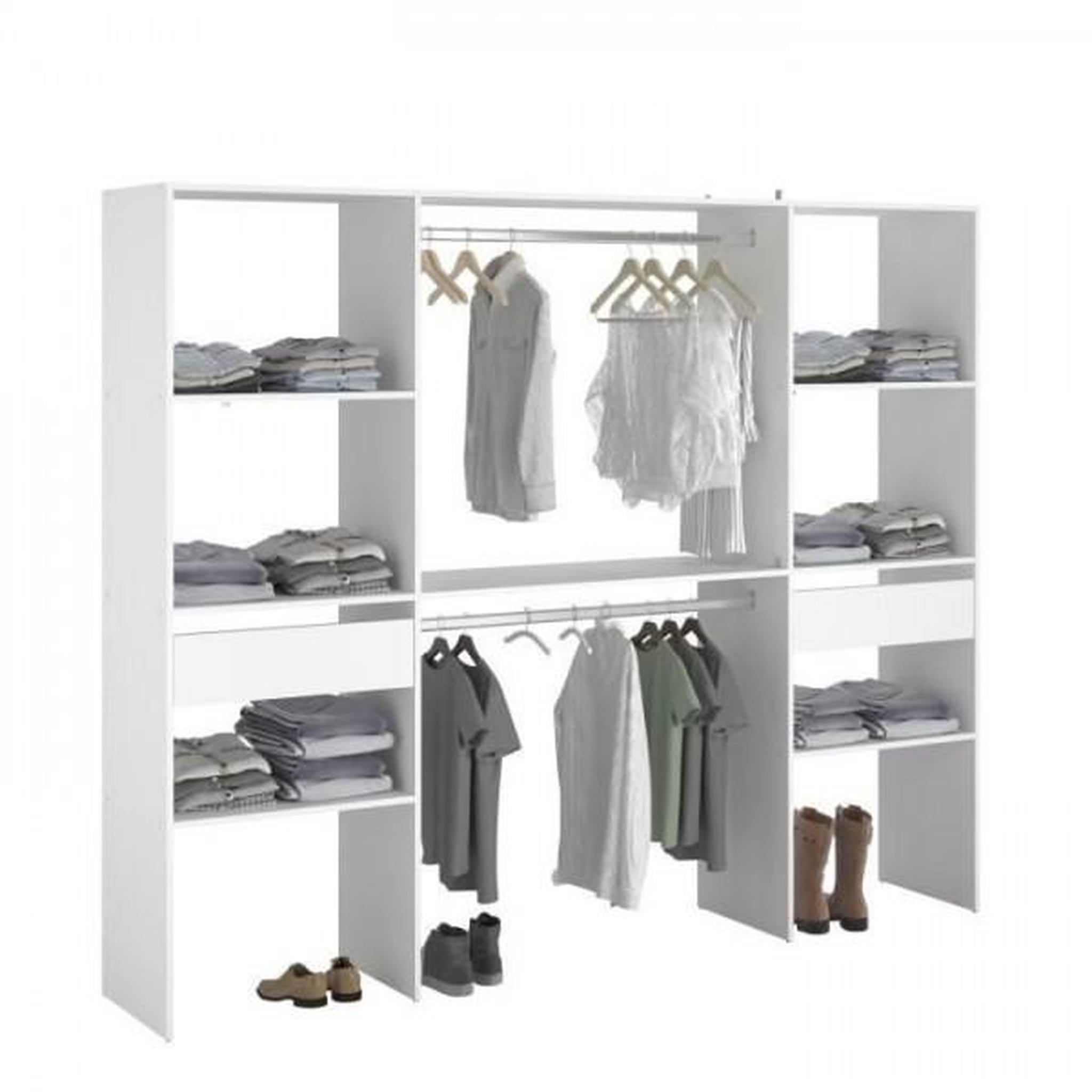 Voir la diapositive 3 : EKIPA Kit dressing ARTIC - Décor Blanc - 2 colonnes + 2 penderies + 2 tiroirs - L 220 x P 40 x H 180 cm - EKIPA