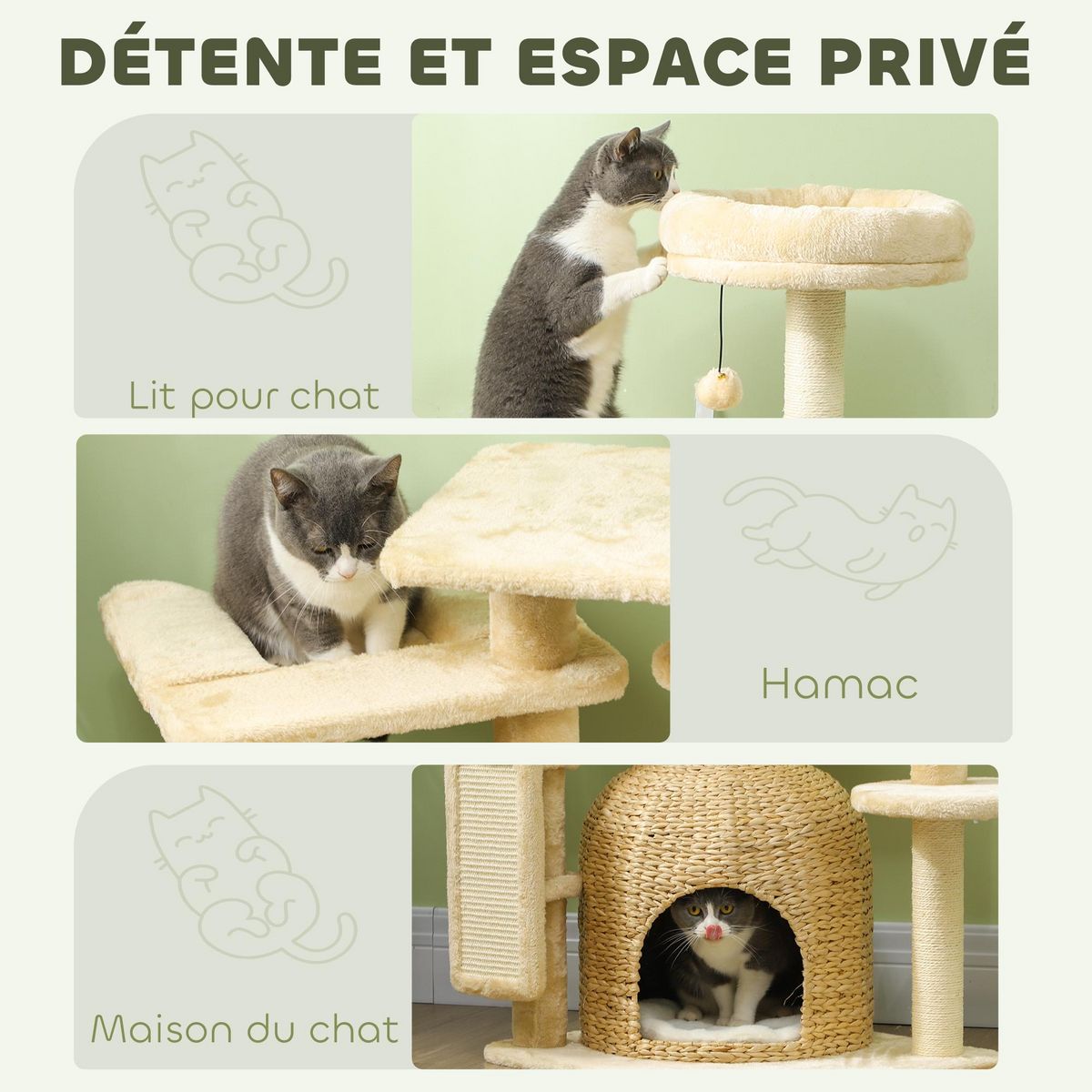 PAWHUT Arbre à chat style cosy chic - grande niche coussin, griffoir, grattoir, hamac, plateformes, boules - beige