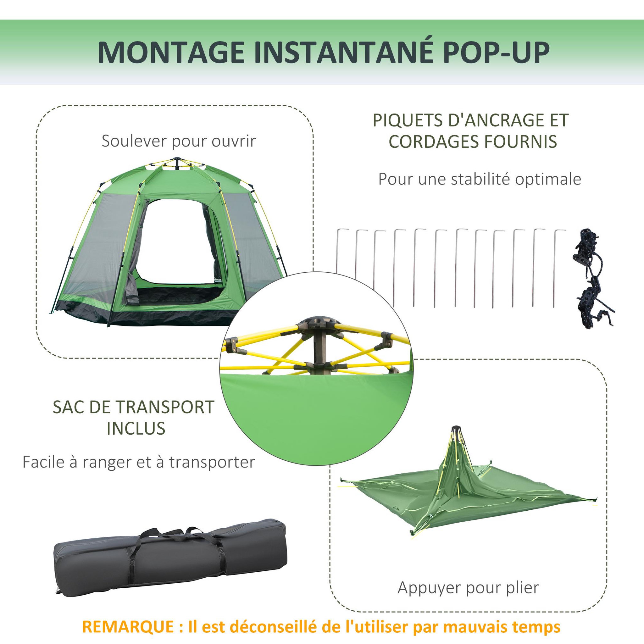 Voir la diapositive 5 : OUTSUNNY Tente de camping familiale 6 personnes montage instantanée Pop-up 4 fenêtres 2 portes dim. 320L x 320l x 176H cm fibre verre polyester vert gris