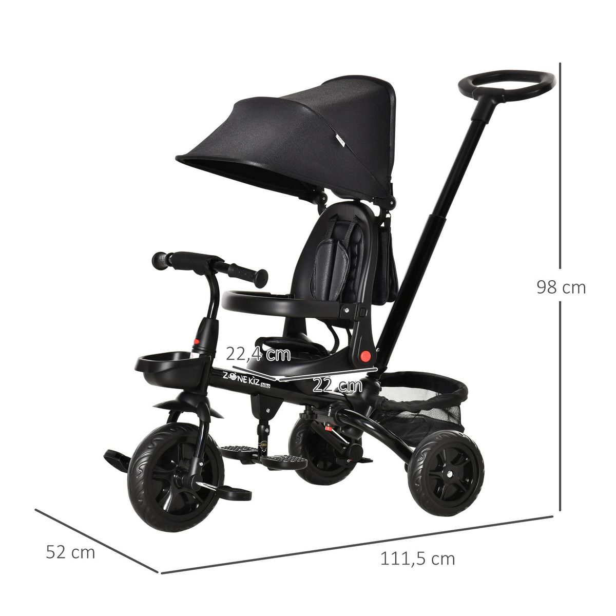 HOMCOM Tricycle enfant évolutif pliable 4 en 1 multifonction - pare-soleil, canne télescopique amovible - siège pivotant, harnais, arceau sécurité - 3 paniers rangement - métal PP noir