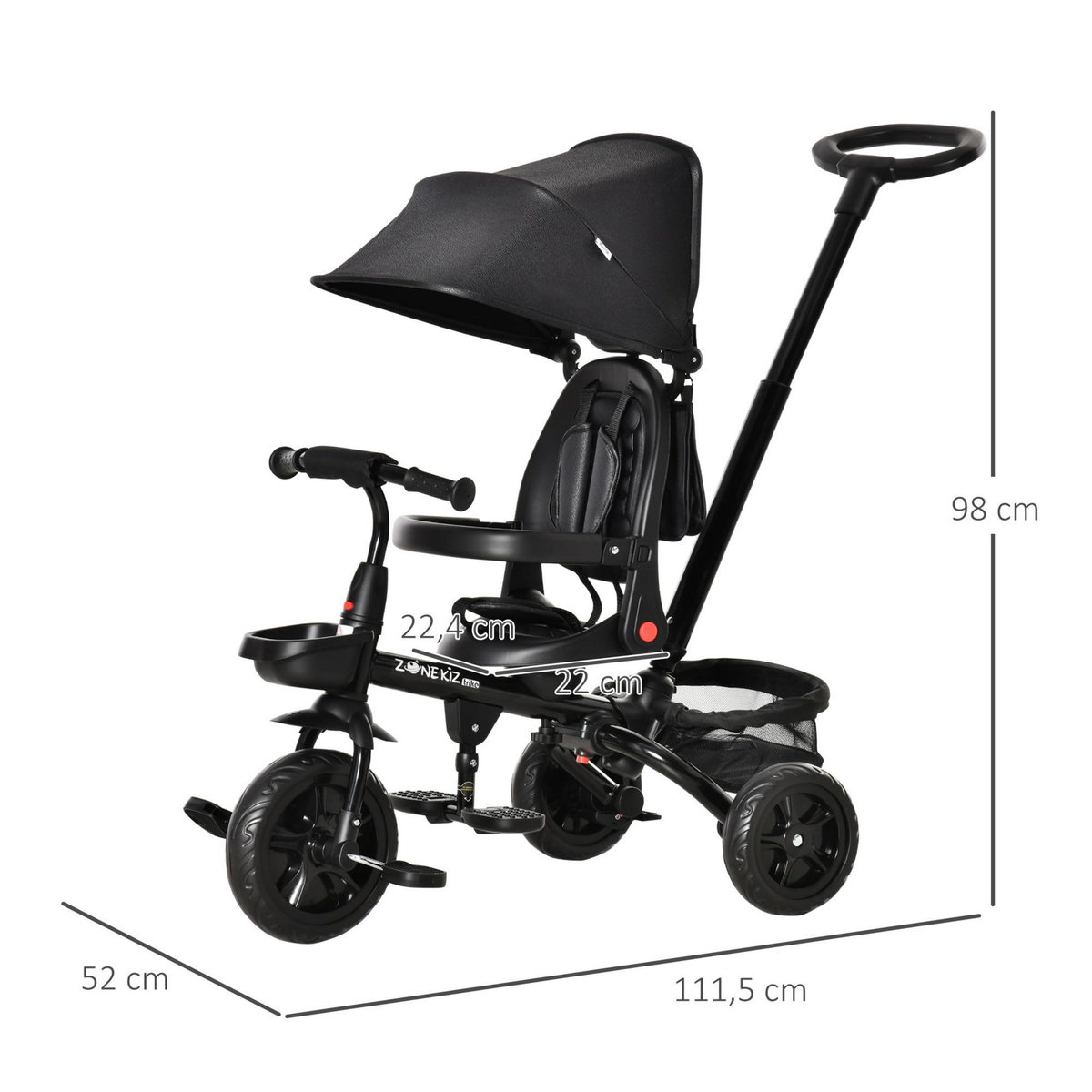HOMCOM Tricycle enfant évolutif pliable 4 en 1 multifonction - pare-soleil, canne télescopique amovible - siège pivotant, harnais, arceau sécurité - 3 paniers rangement - métal PP noir