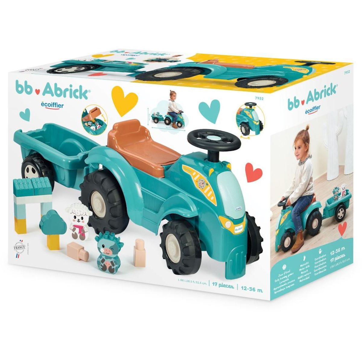 Ecoiffier Tracteur directionnel garni avec remorque - ECOIFFIER - 15 accessoires - De 12 a 36 mois