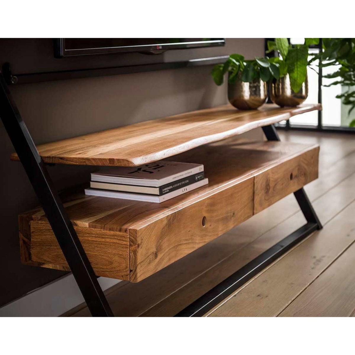 LISA DESIGN Goa - meuble tv - bois massif d'acacia et noir - 140 cm