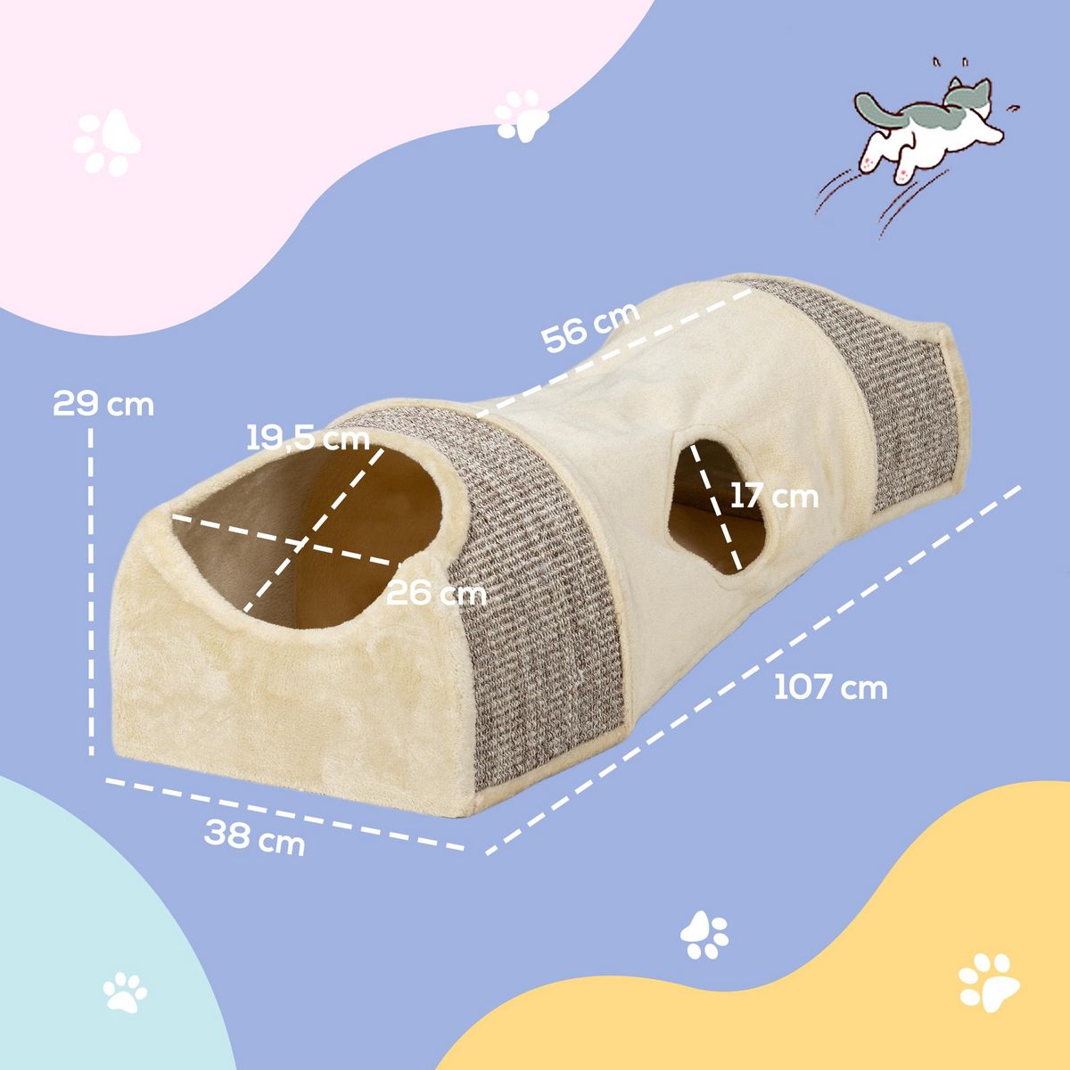 PAWHUT Tunnel pour chat modulable - 3 portes, 2 griffoirs - sisal peluche beige