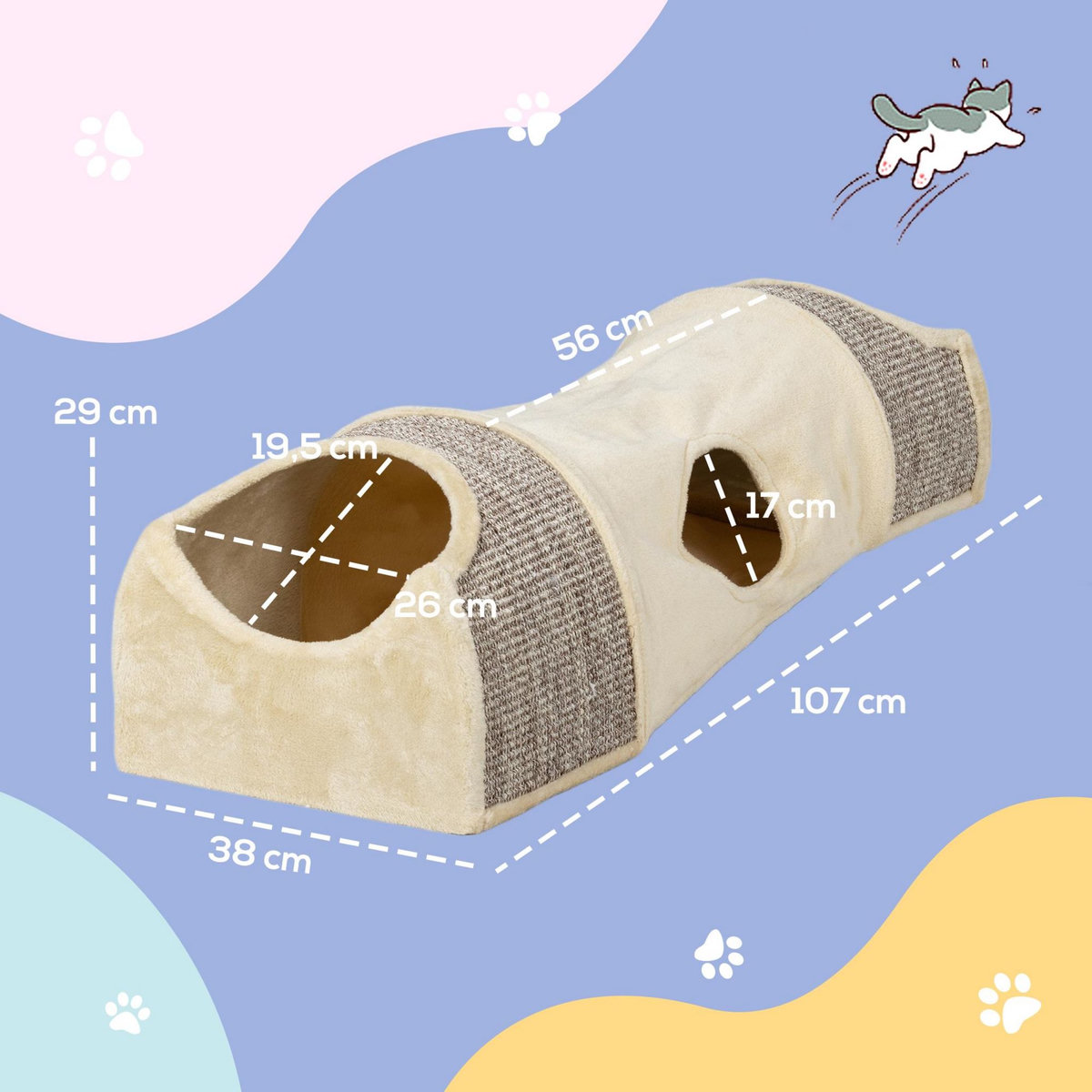 PAWHUT Tunnel pour chat modulable - 3 portes, 2 griffoirs - sisal peluche beige