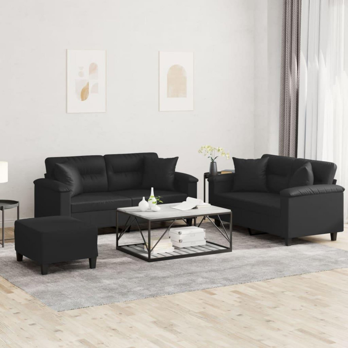 VIDAXL Ensemble de canapes 3 pcs avec coussins noir similicuir
