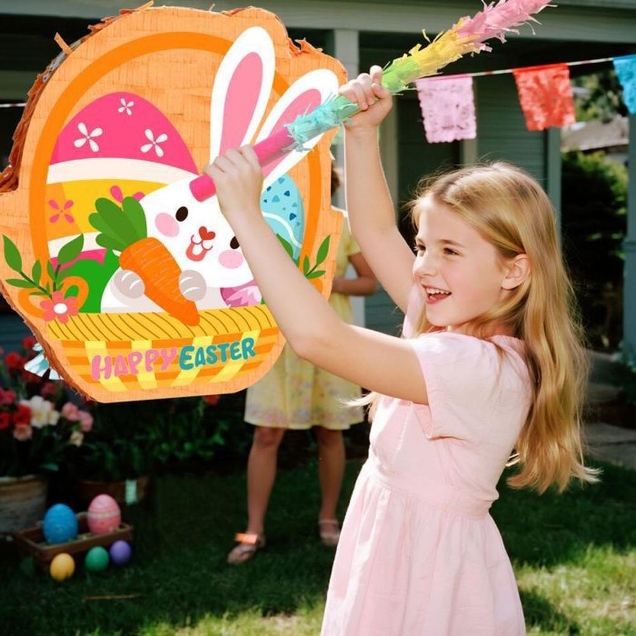 Voir la diapositive 3 : Piñata ronde Lapin de Pâques suspendue multicolore avec masque, bâton et confettis, kit de décoration intérieure 35 cm