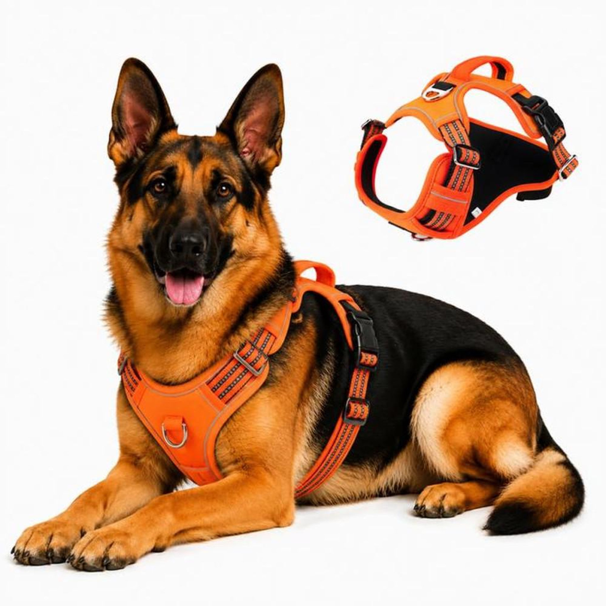 Harnais anti-traction pour chien taille XL orange avec poigne de controle arriere et elements reflechissants