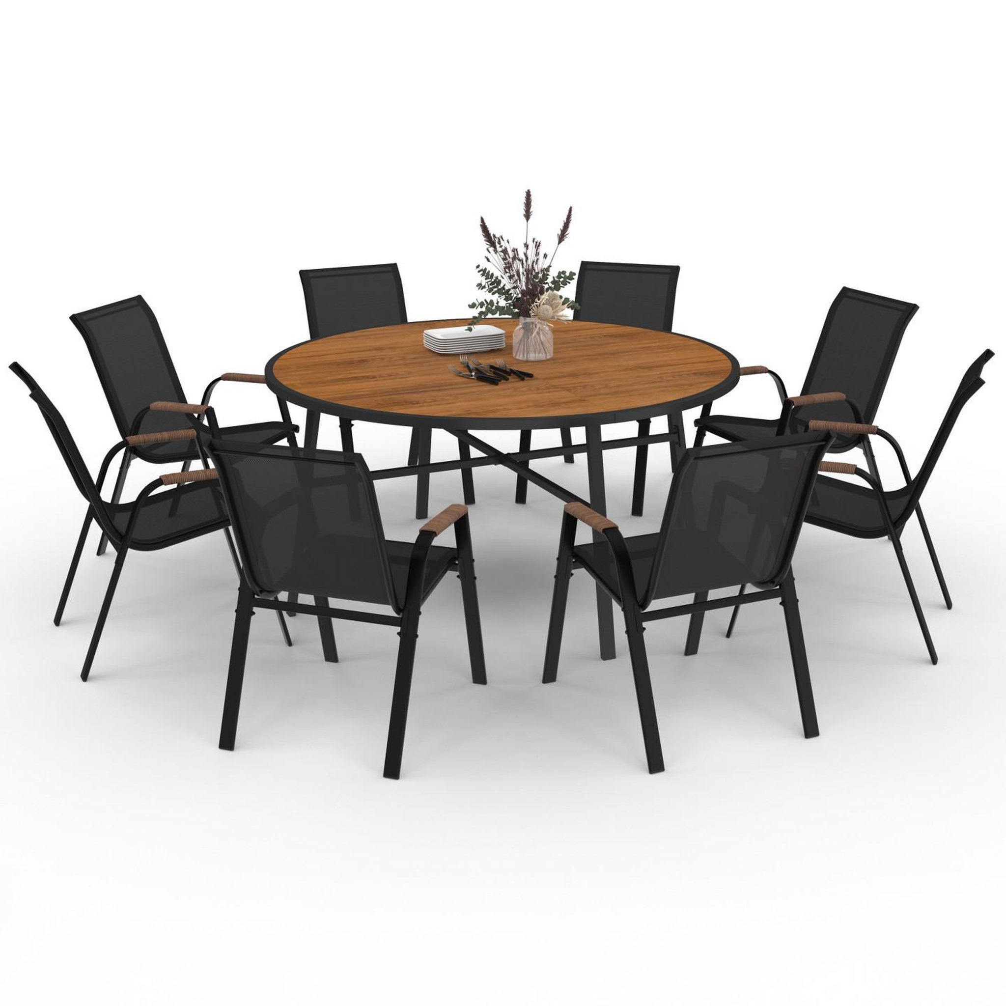 Voir la diapositive 1 : ID MARKET Salon de jardin noumea table ronde 150 cm plateau verre trempé effet bois et 8 chaises empilables noir et bois