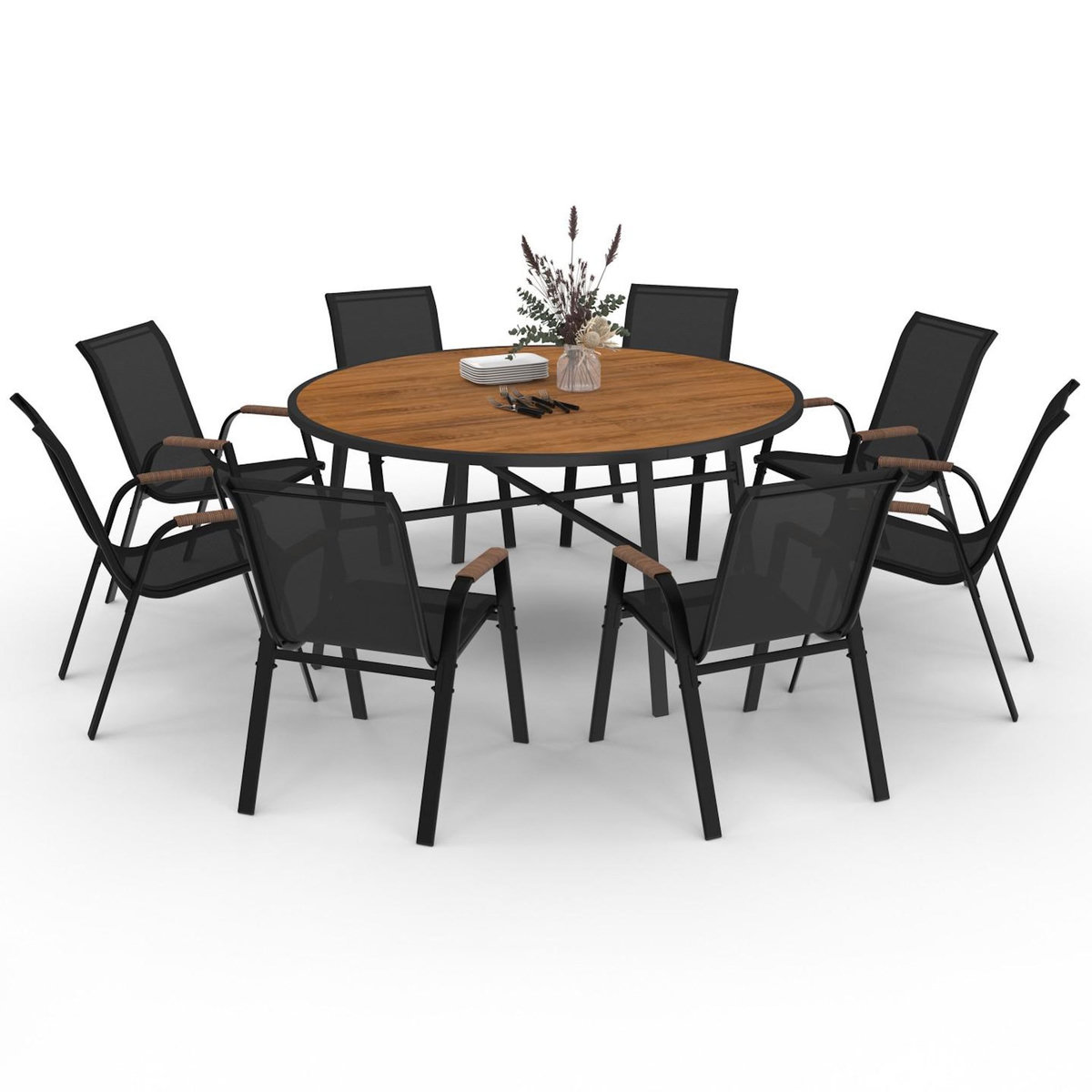 ID MARKET Salon de jardin NOUMEA table ronde 150 cm plateau verre trempé effet bois et 8 chaises empilables noir et bois