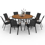ID MARKET Salon de jardin NOUMEA table ronde 150 cm plateau verre trempé effet bois et 8 chaises empilables noir et bois