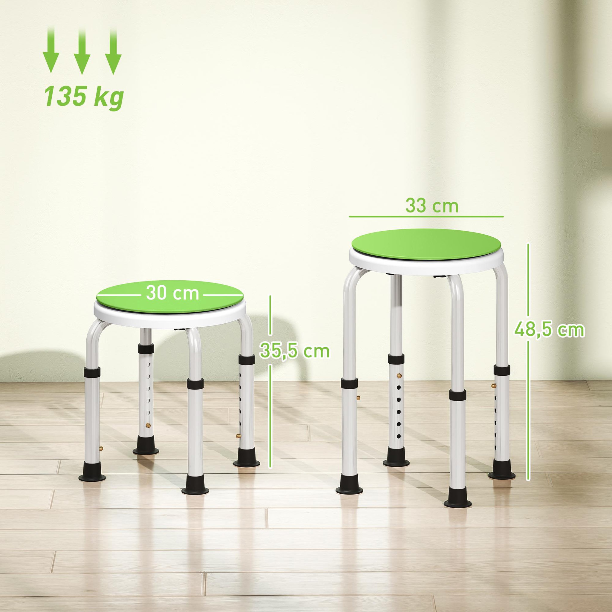 Voir la diapositive 3 : HOMCOM Tabouret de douche siège de douche - hauteur réglable, pivotant 360° - alu pp blanc vert