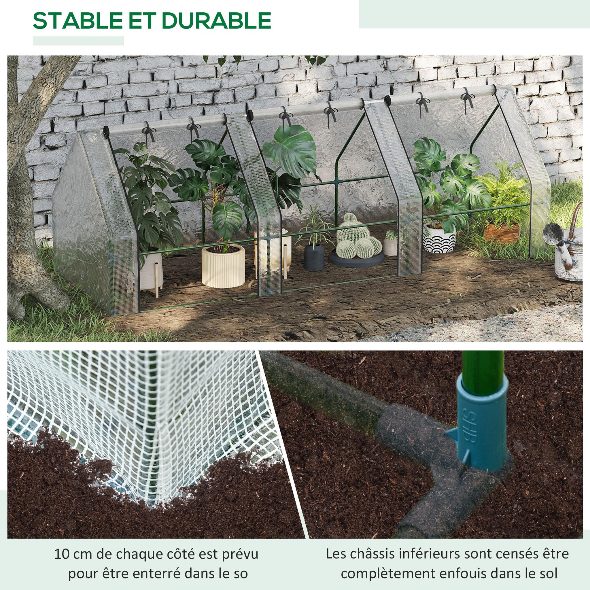 Voir la diapositive 5 : OUTSUNNY Mini serre de jardin serre à tomates 270l x 90l x 90h cm acier pe haute densité 140 g/m² anti-uv 3 fenêtres avec zip enroulables blanc