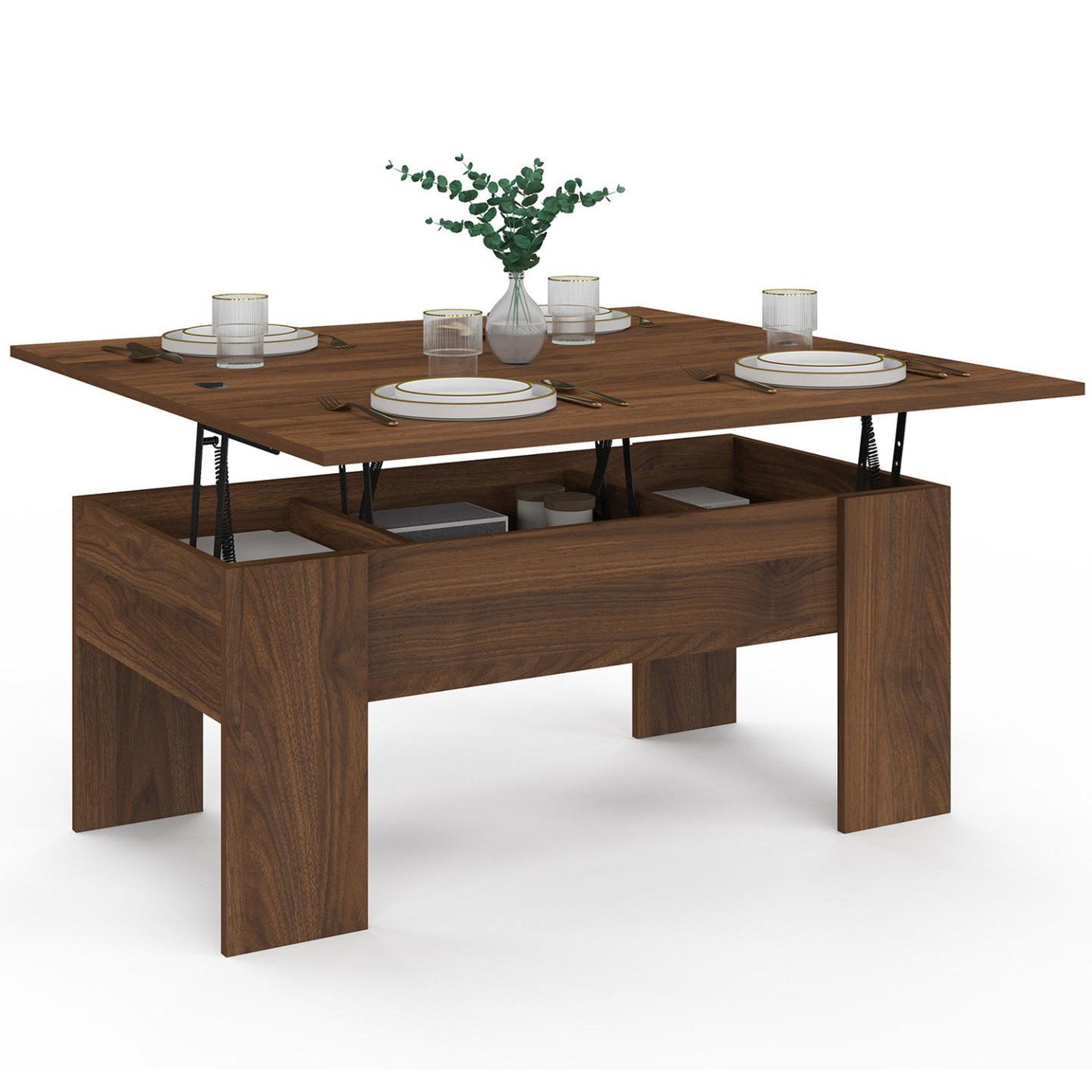 ID MARKET Table basse plateau relevable rectangulaire convertible en table à manger TARA 100 cm bois effet noyer