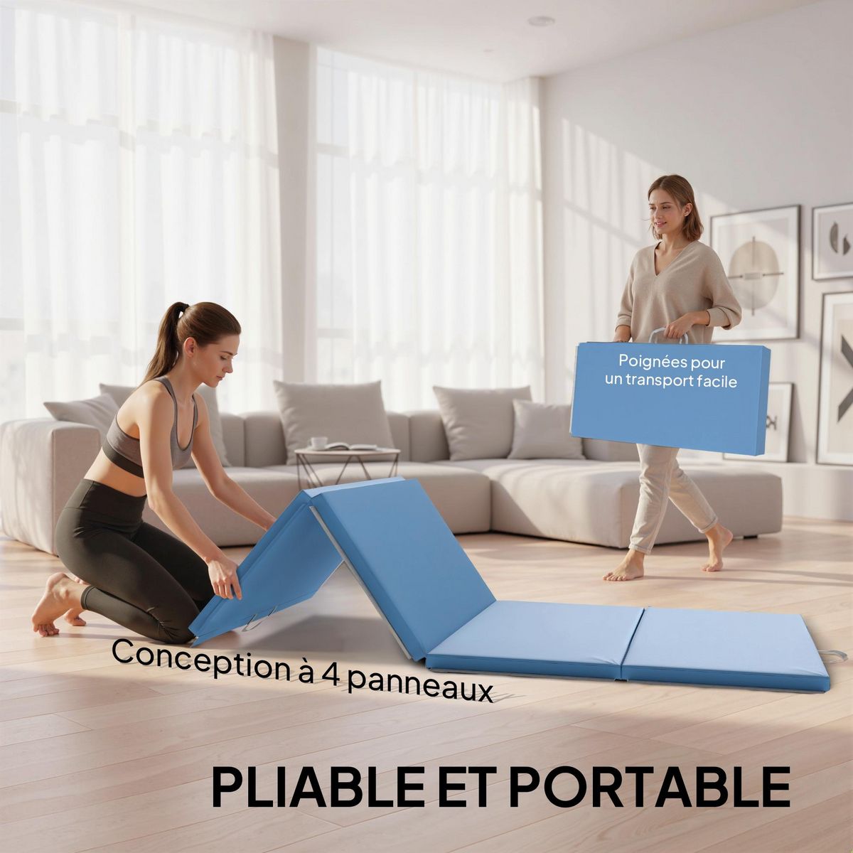 HOMCOM Tapis de gym yoga fitness pliable - poignée - revêtement synthétique - bleu