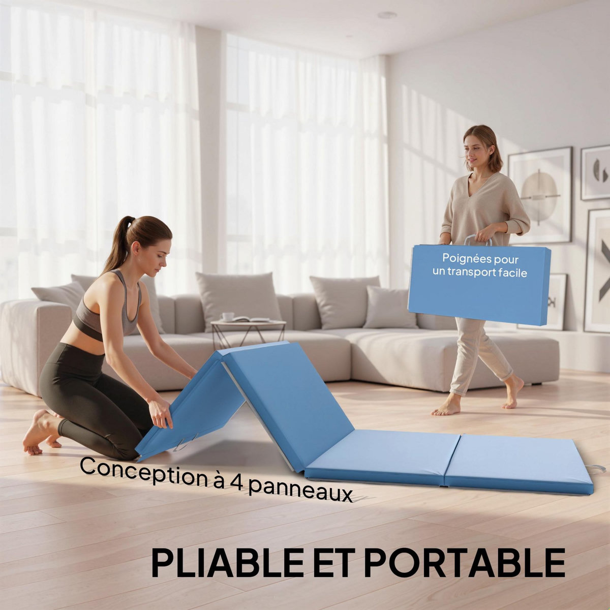 HOMCOM Tapis de gym yoga fitness pliable - poignée - revêtement synthétique - bleu