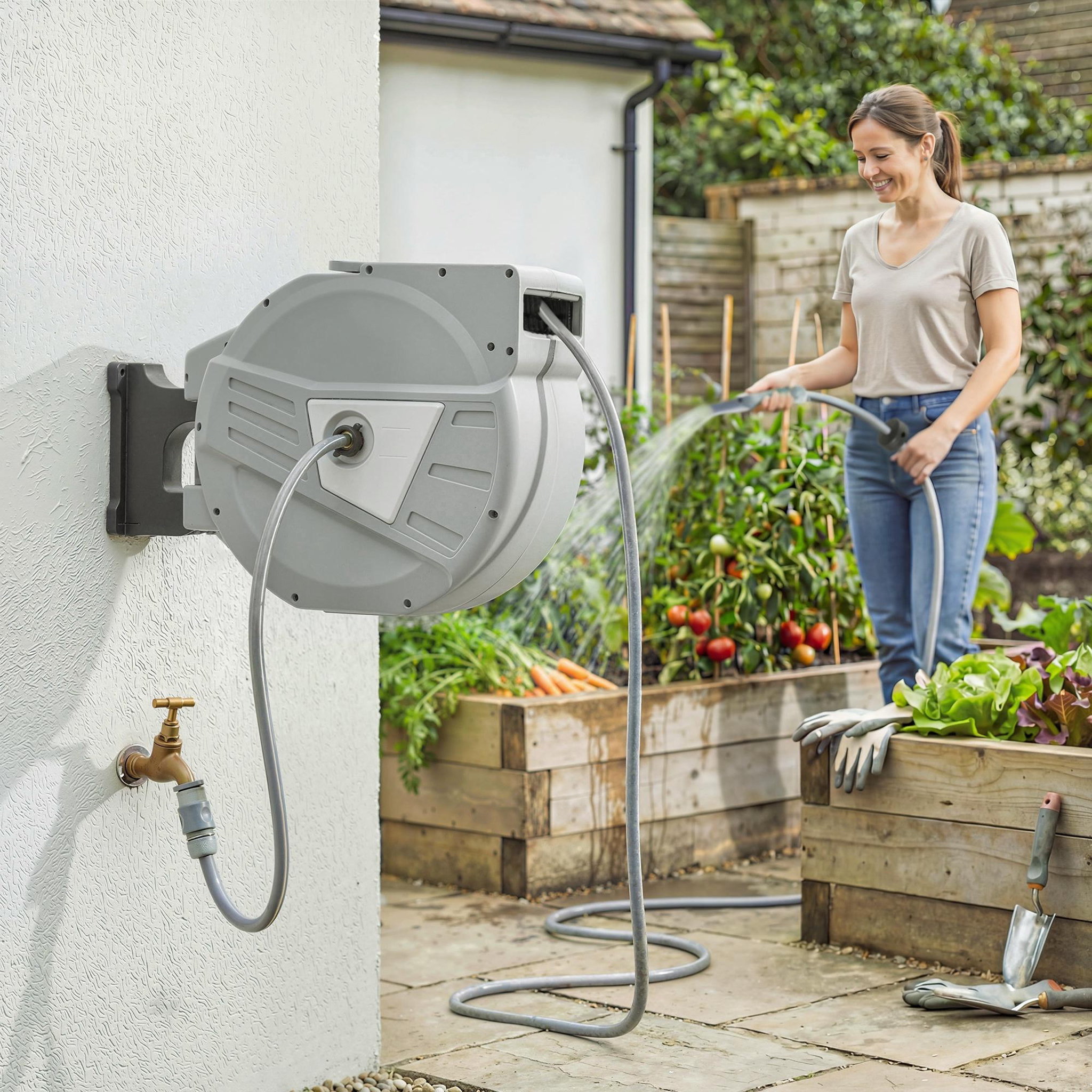 Voir la diapositive 6 : OUTSUNNY Dévidoir mural enrouleur automatique pivotant 180° tuyau 40 + 2 m avec lance arrosage 2 modes support mural intégré gris clair