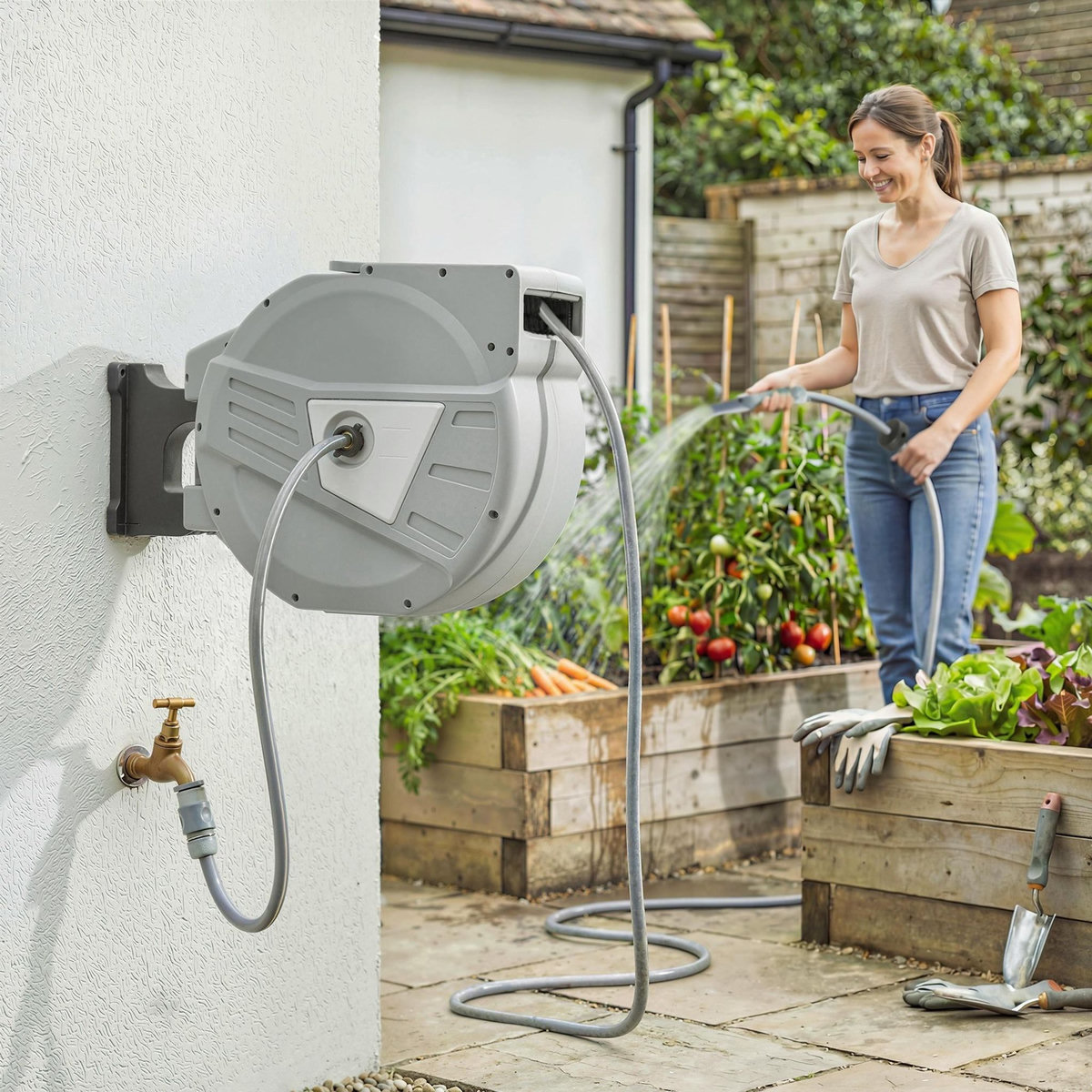 OUTSUNNY Dévidoir mural enrouleur automatique pivotant 180° tuyau 40 + 2 m avec lance arrosage 2 modes support mural intégré gris clair