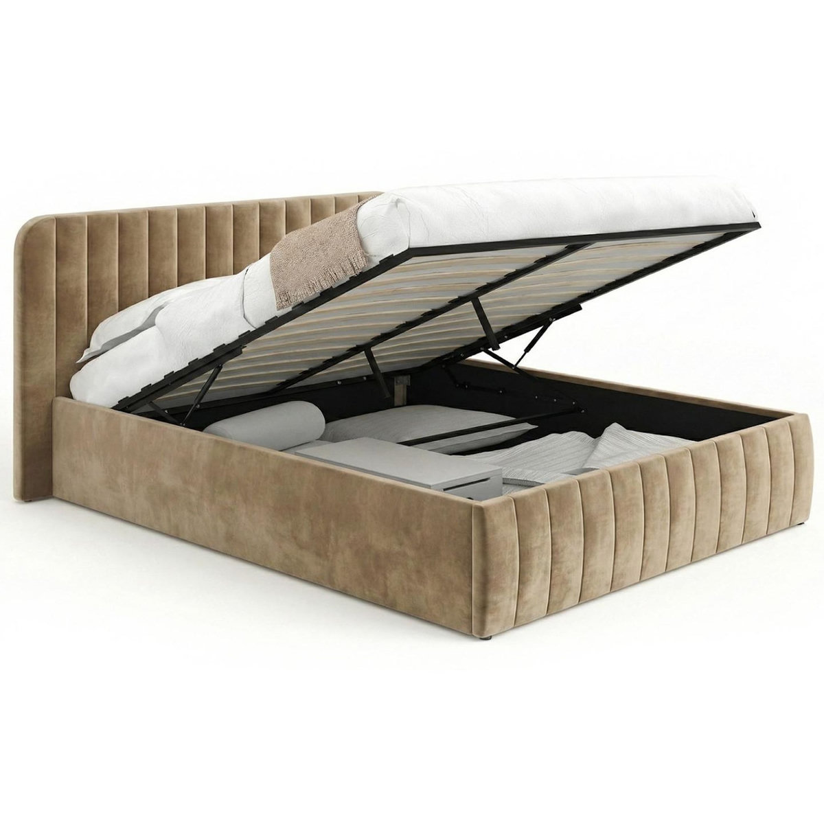 ID MARKET Lit coffre double ALBA avec tête de lit et sommier 140 x 190 cm velours taupe