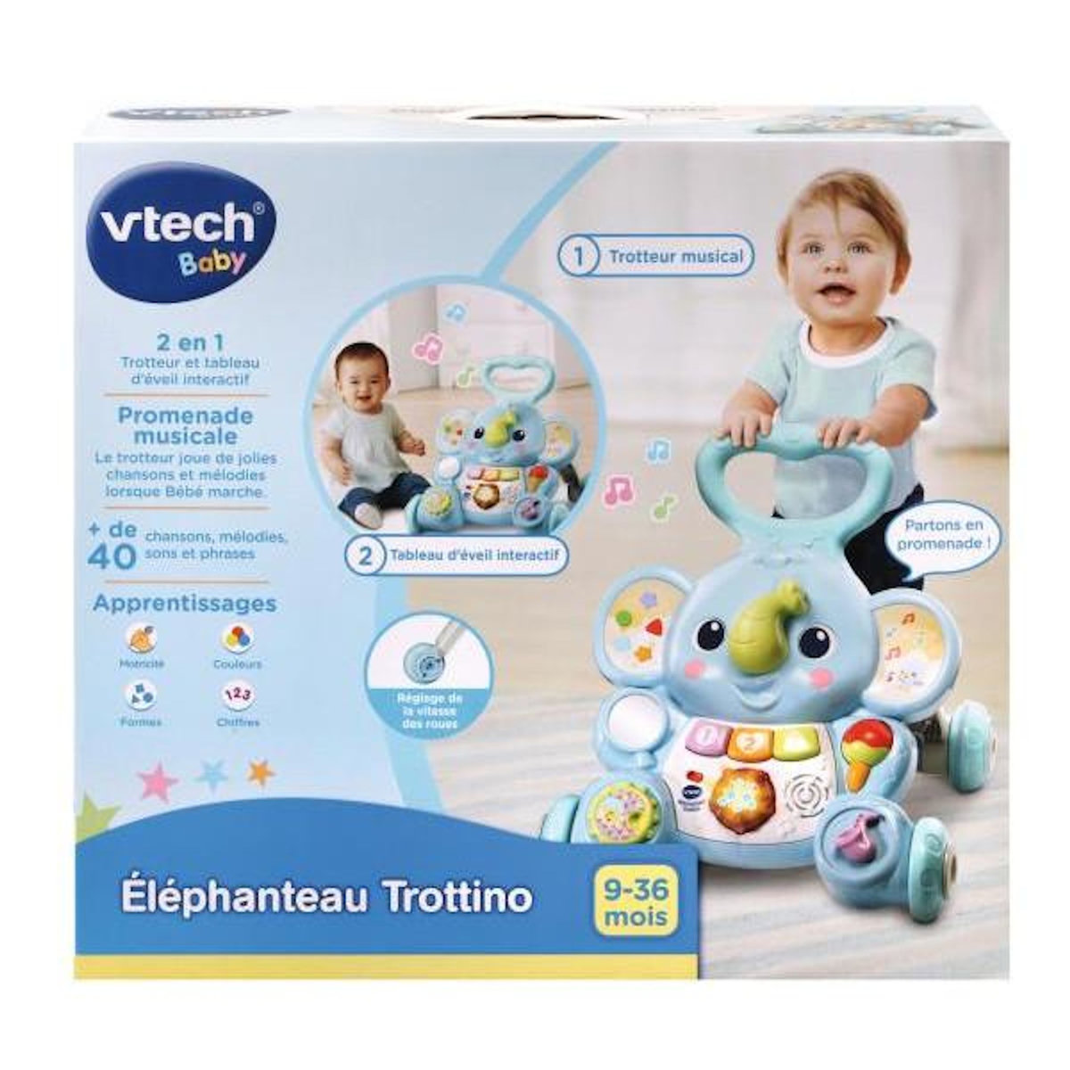 VTECH BABY Porteur Trotteur  -  VTECH BABY - Éléphanteau Trottino - Avec Frein - Bleu