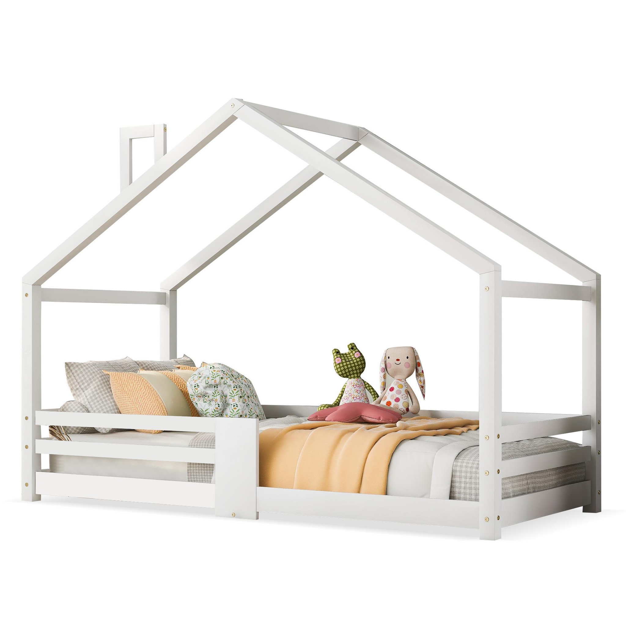 MERAX Lit cabane enfant 90 x 200 cm avec sommier. Coloris disponibles : Blanc, Gris
