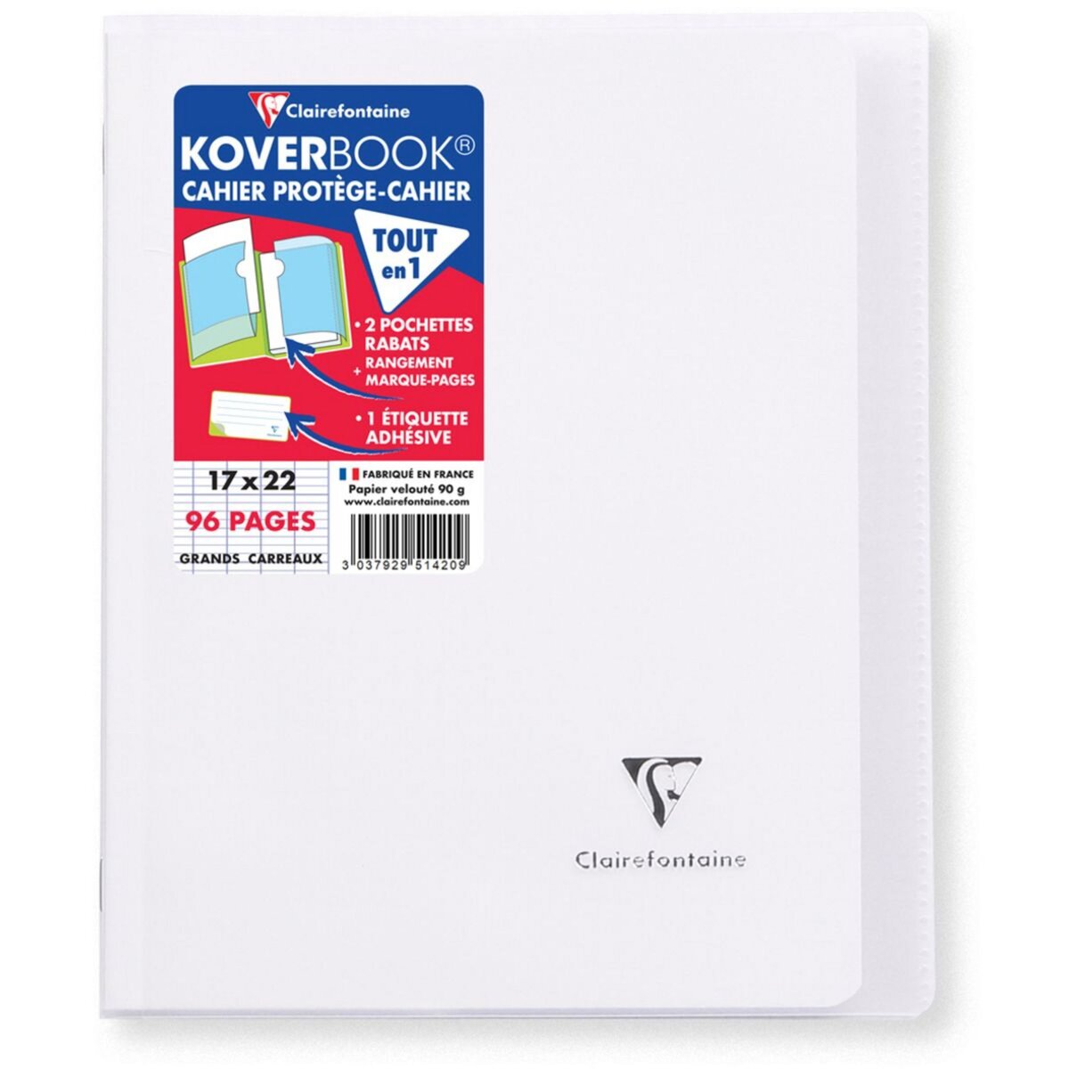 CLAIREFONTAINE Cahier piqué polypro Koverbook 17x22cm 96 pages grands  carreaux Seyes blanc transparent pas cher 