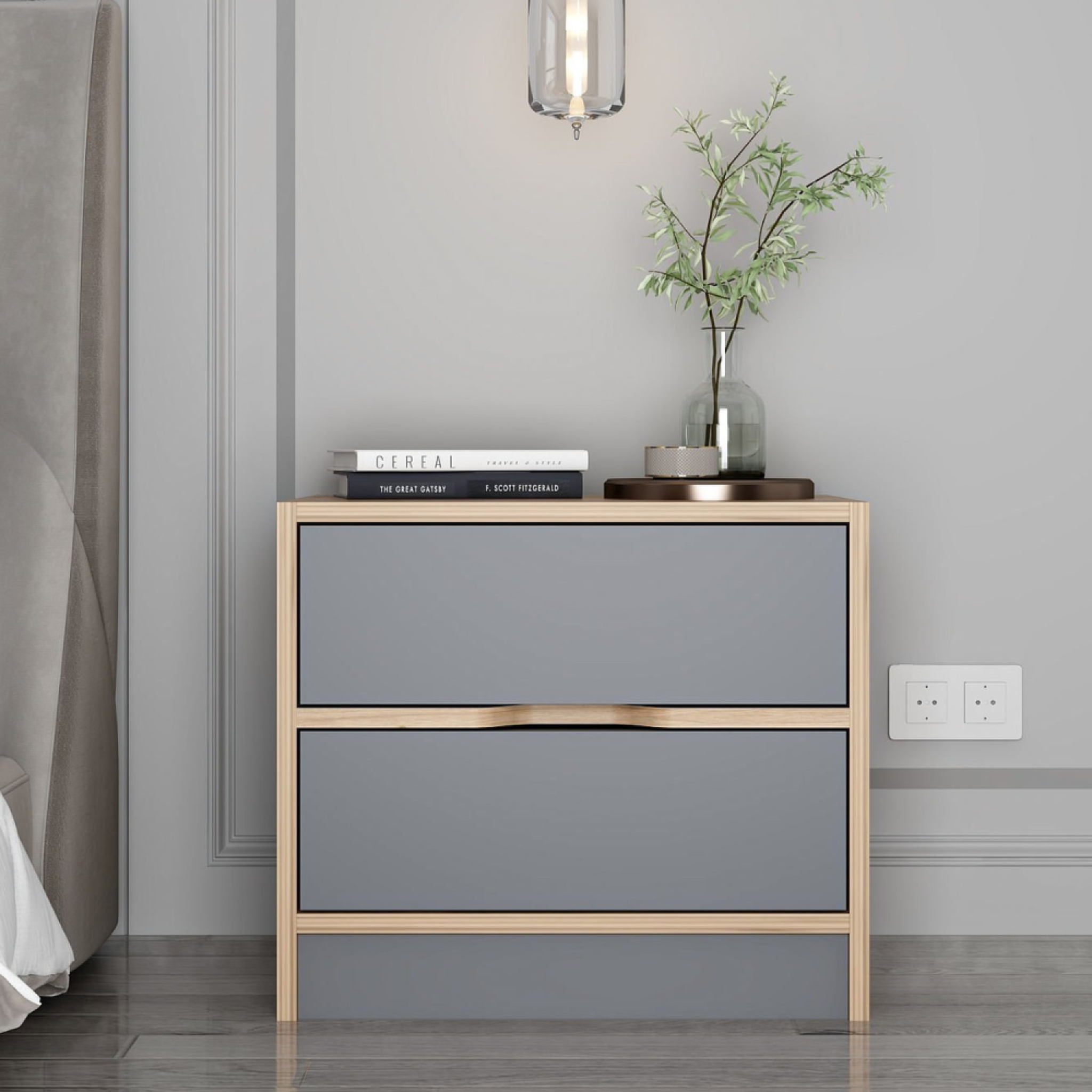 Voir la diapositive 2 : CONCEPT USINE Table de chevet bois et gris 2 tiroirs molde