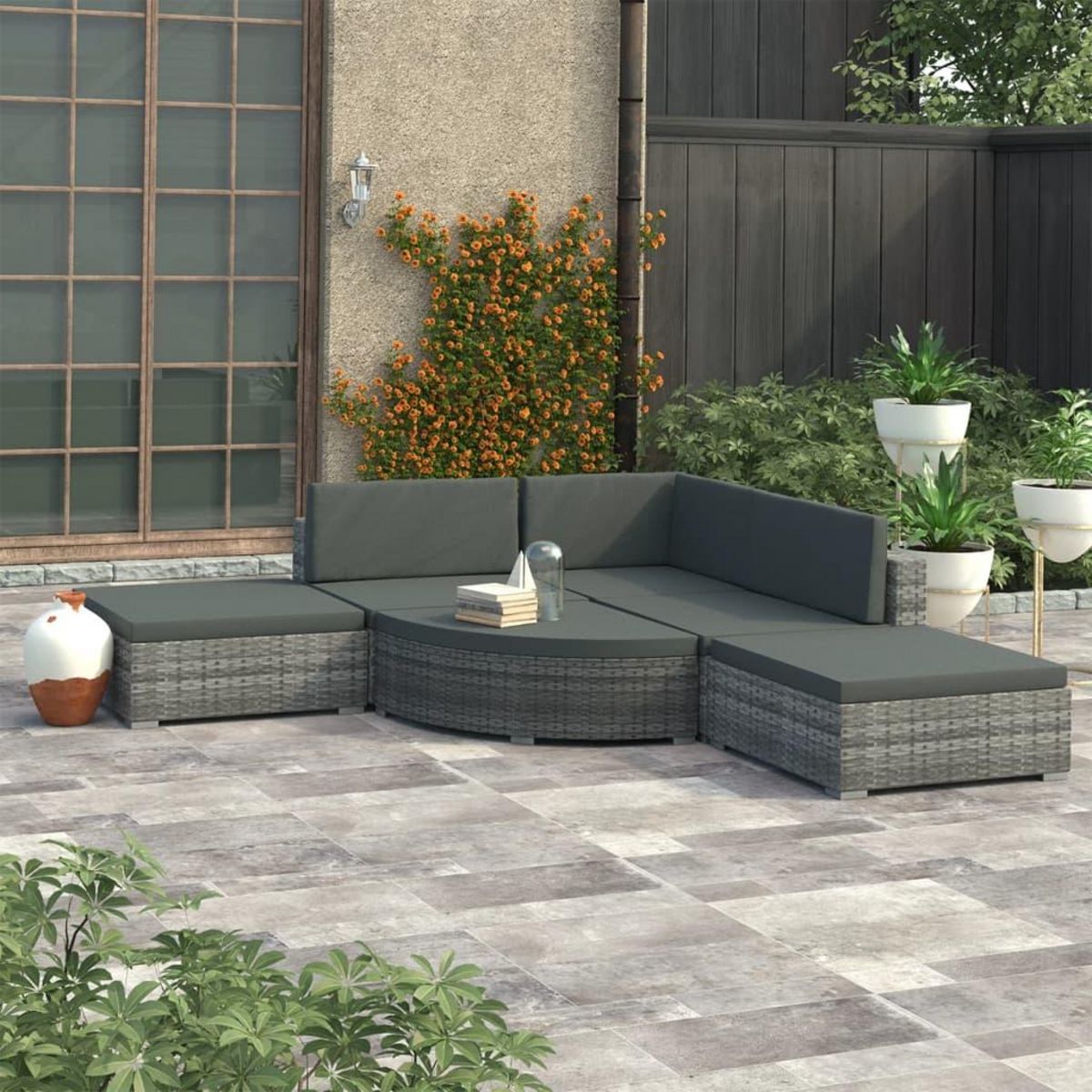 VIDAXL Salon de jardin 6 pcs avec coussins Resine tressee Gris