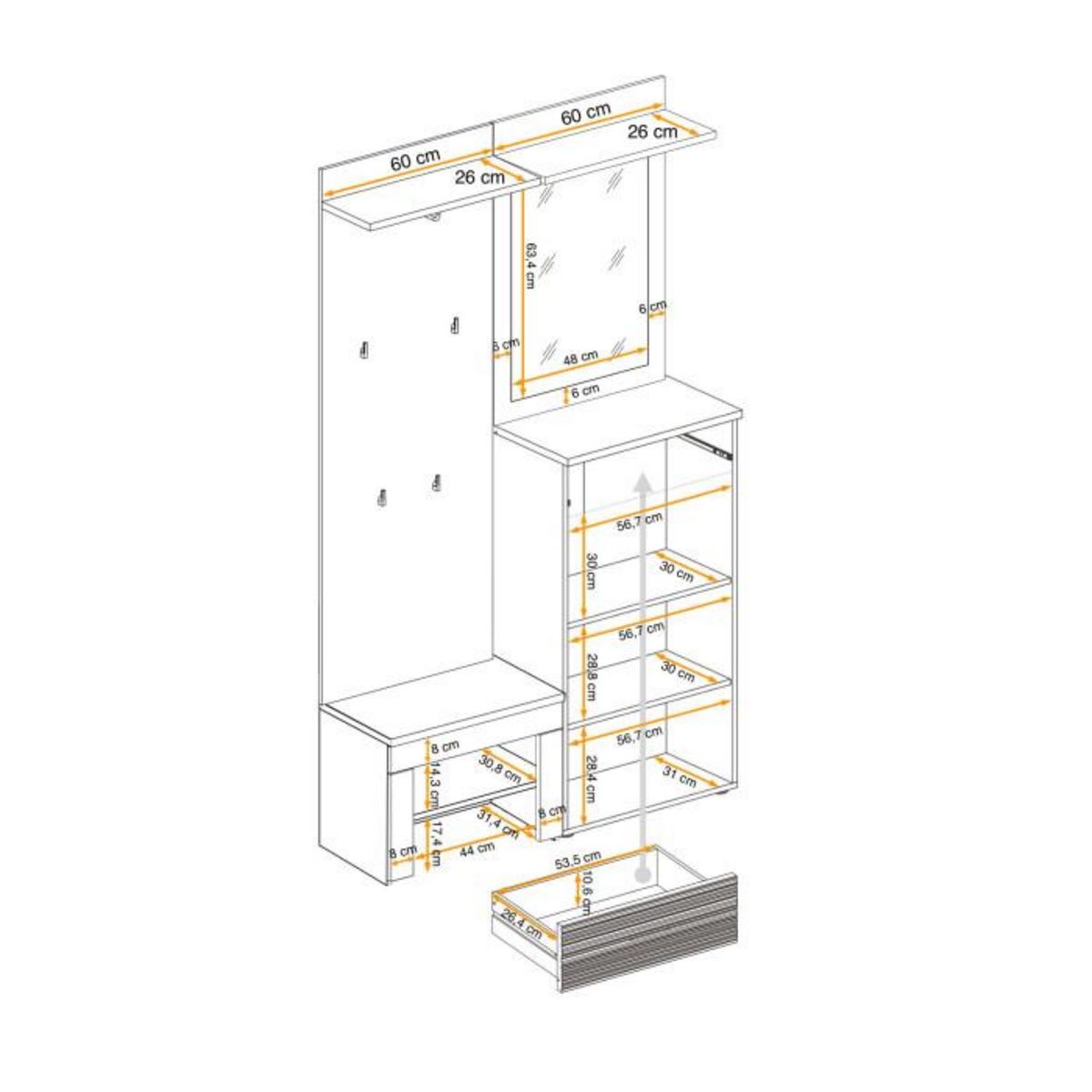 Paris Prix Ensemble Dressing  Gustavo VIII  200cm Naturel & Blanc