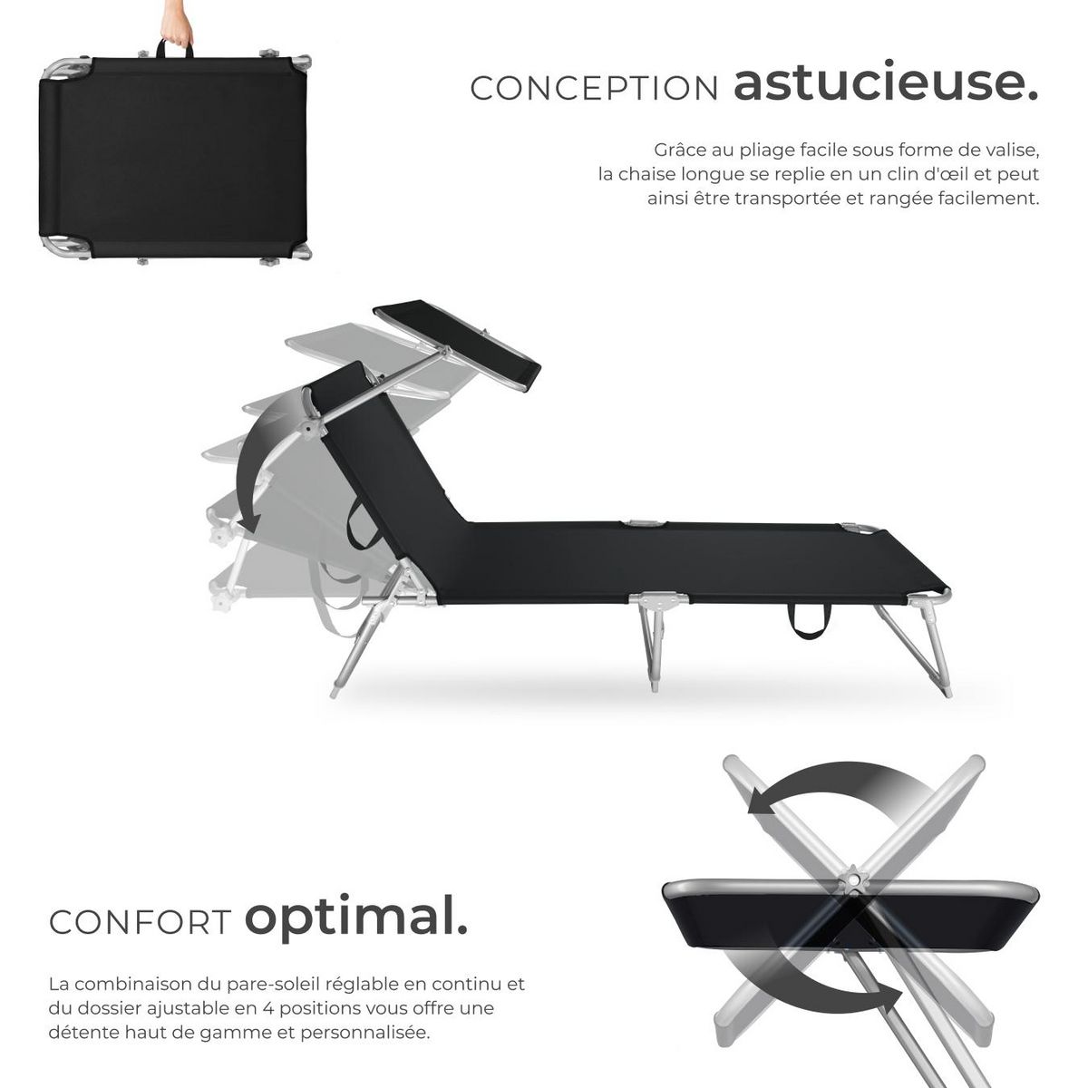 tectake Lot de 2 transats de jardin en acier pliables noir