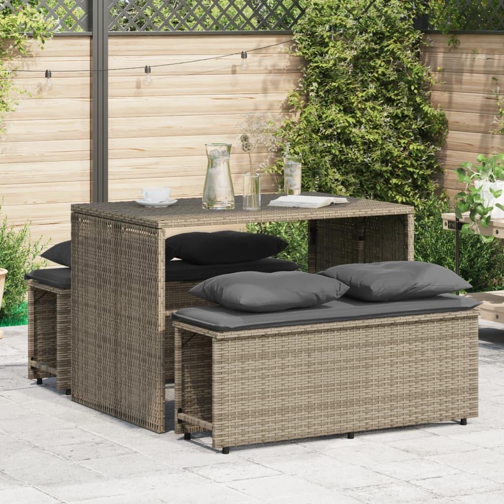 VIDAXL Ensemble a manger de jardin 3 pcs coussins gris resine tressee
