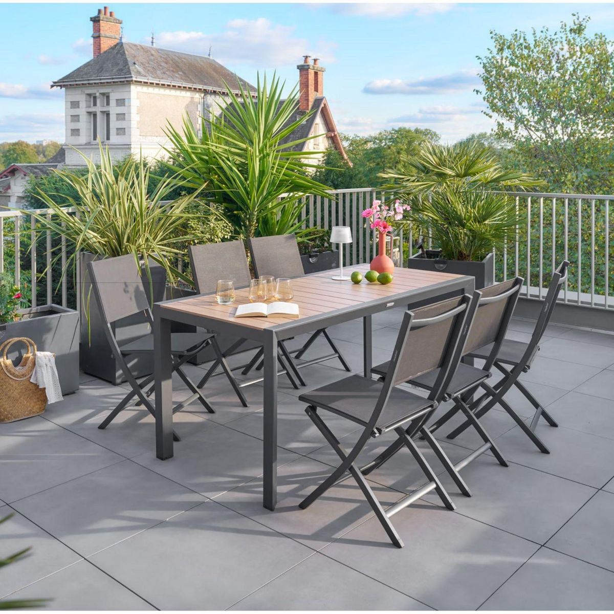 HESPERIDE Table de jardin fixe en aluminium effet bois 6 places EVASION