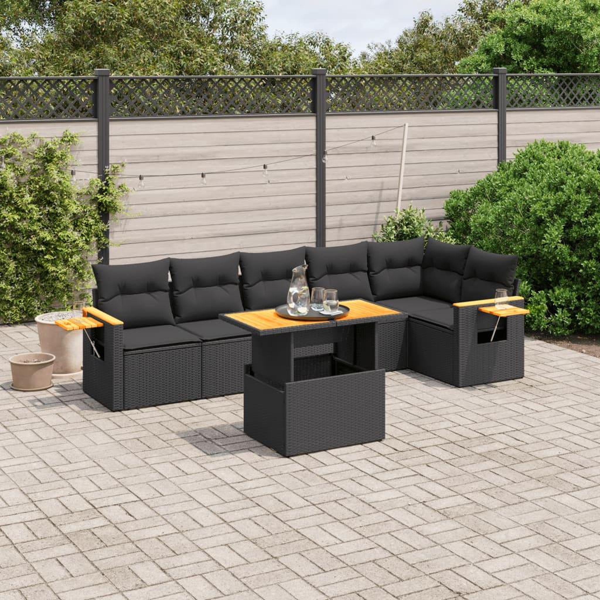 VIDAXL Salon de jardin 7 pcs avec coussins noir resine tressee