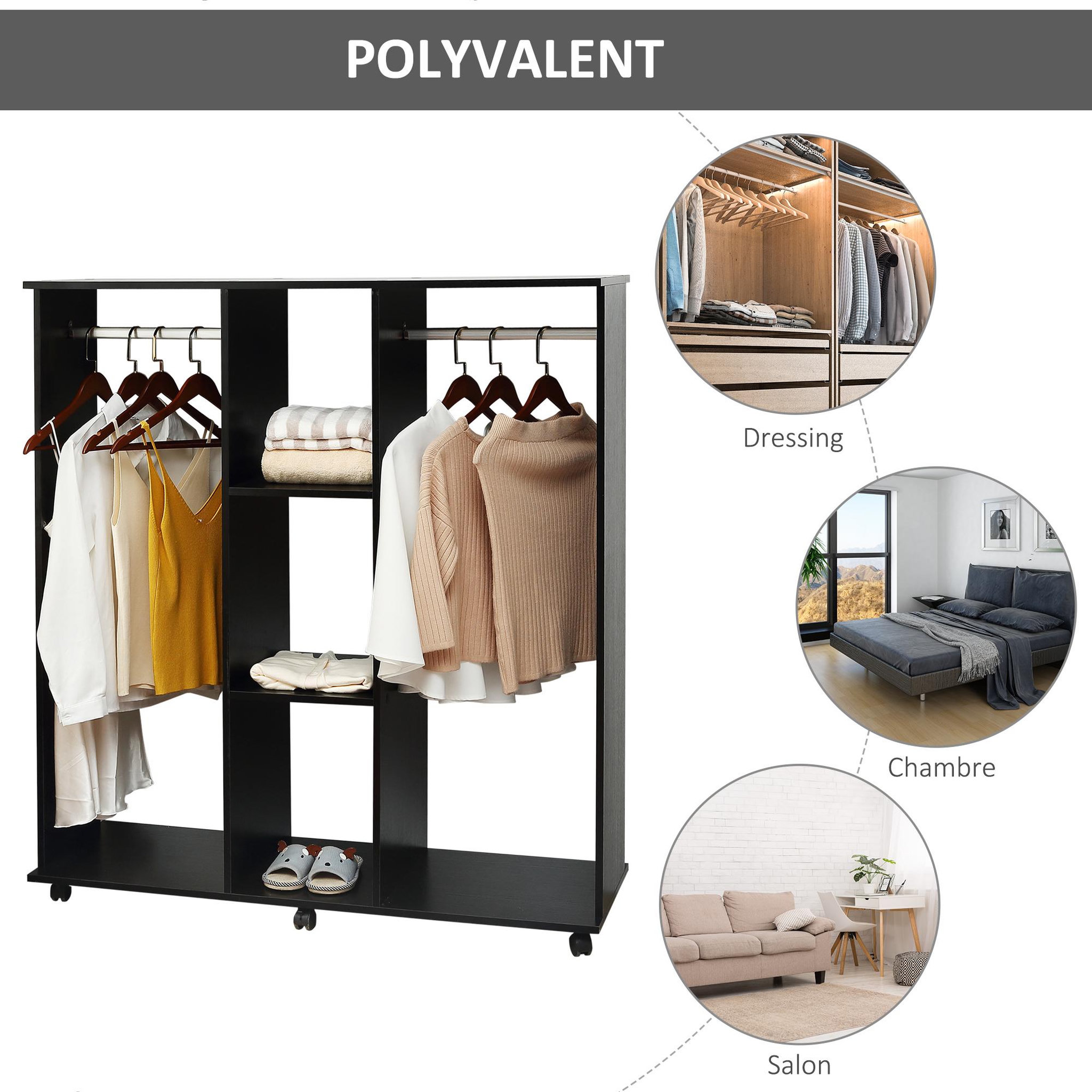 Voir la diapositive 5 : HOMCOM Armoire penderie meuble de rangement mobile 6 roulettes 120L x 40l x 128H cm panneaux de particules aspect bois noir