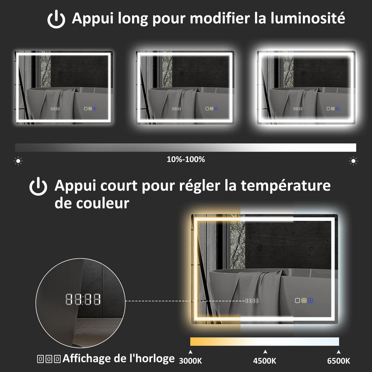 HOMCOM Miroir lumineux LED salle de bain 80 x 60 cm bluetooth interrupteur tactile lumière réglable 3 couleurs fonction anti-buée et mémoire