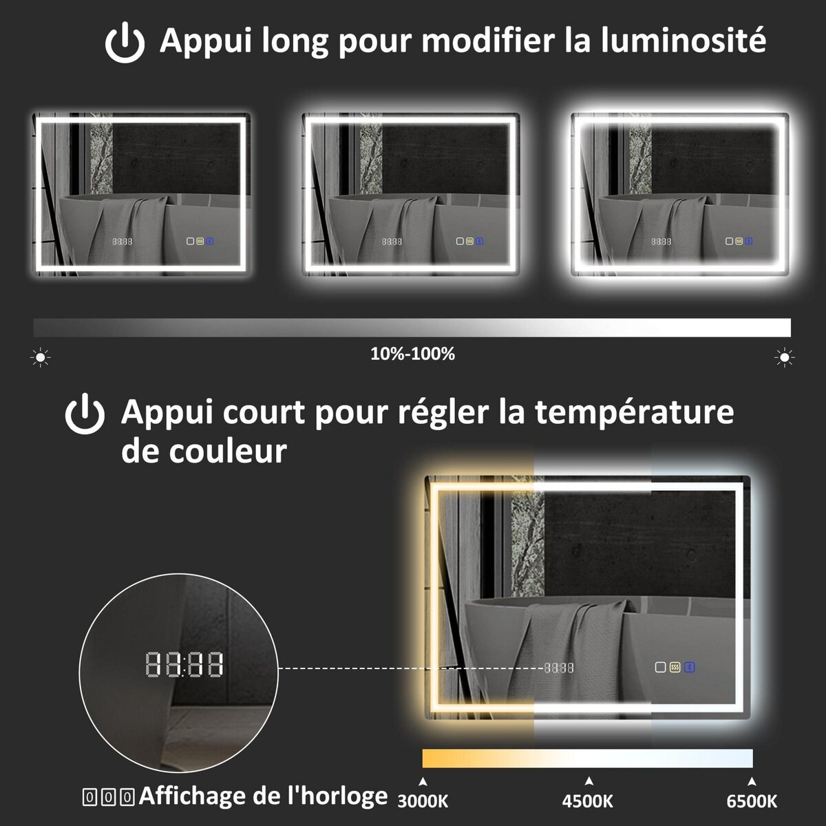 HOMCOM Miroir lumineux LED salle de bain 80 x 60 cm bluetooth interrupteur tactile lumière réglable 3 couleurs fonction anti-buée et mémoire