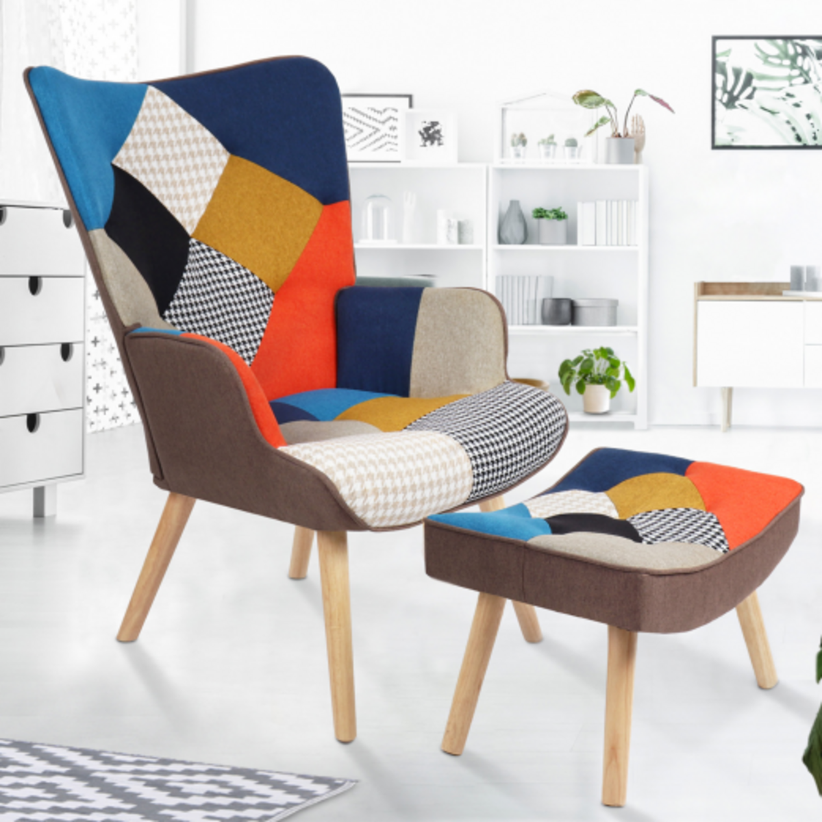 ID MARKET Fauteuil scandinave IVAR avec repose pieds en tissu patchwork multicouleurs et imprimé pied de poule