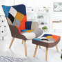 Voir la diapositive 2 : ID MARKET Fauteuil scandinave IVAR avec repose pieds en tissu patchwork multicouleurs et imprimé pied de poule