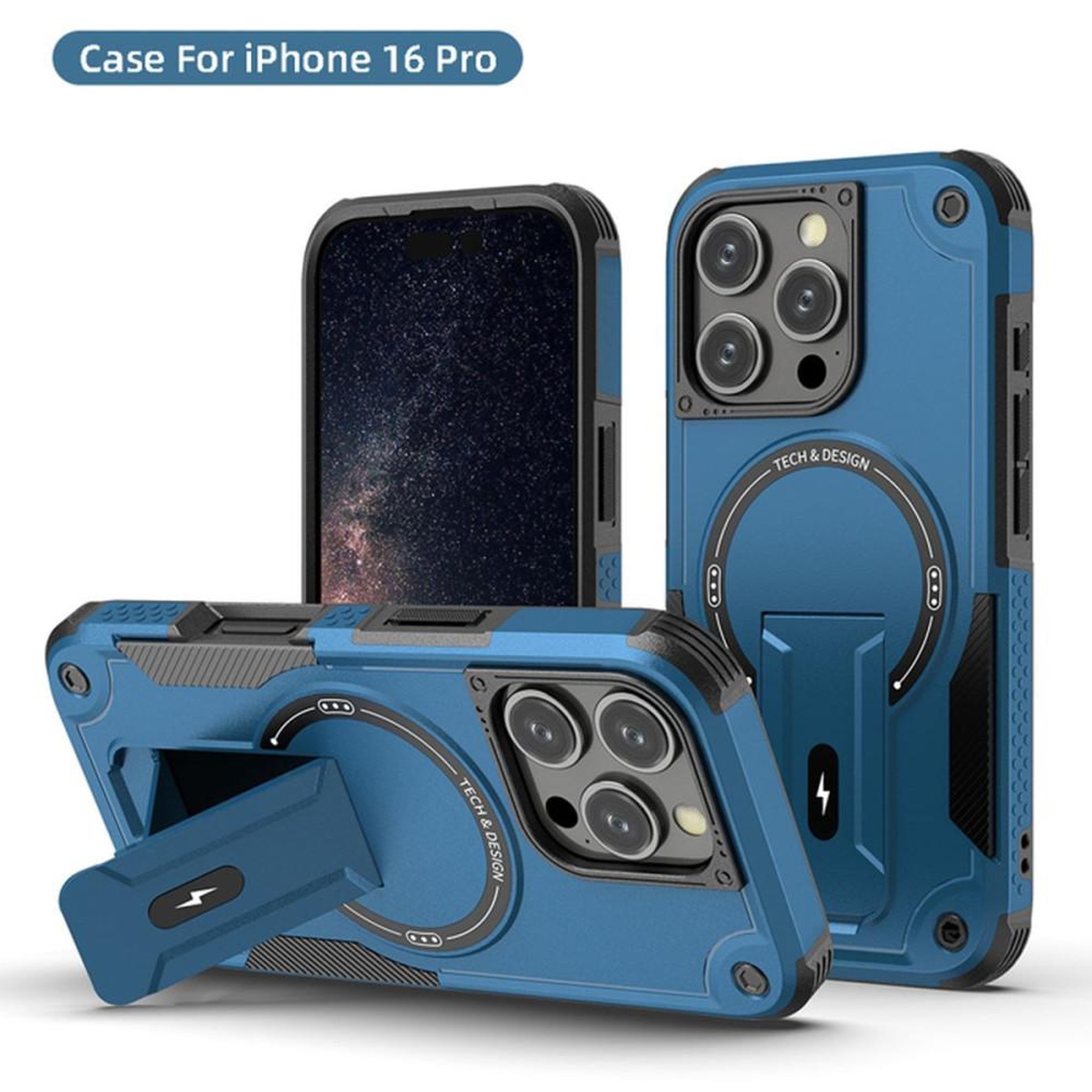 Coque pour iPhone 16 Pro MagSafe bleue avec support intégré et protection antichoc 360°