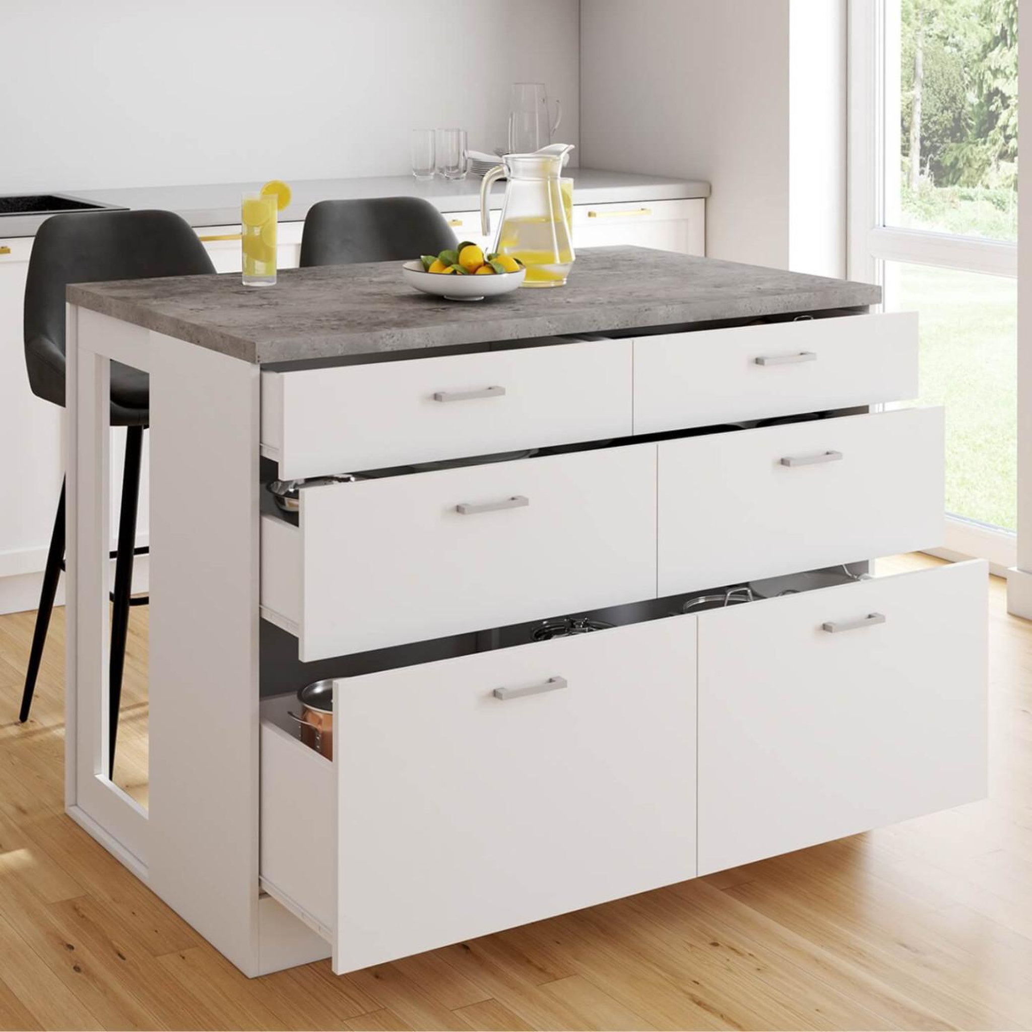 Voir la diapositive 2 : ID MARKET Ilot central mange-debout orso 120 cm casserolier 6 tiroirs blanc avec plan de travail effet béton