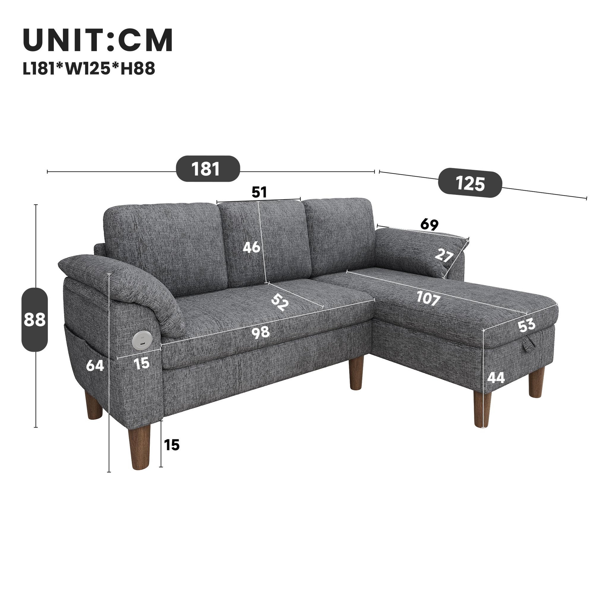 Voir la diapositive 3 : MERAX Canapé d'angle 3 places avec méridienne coffre tissu chenille usb type-c