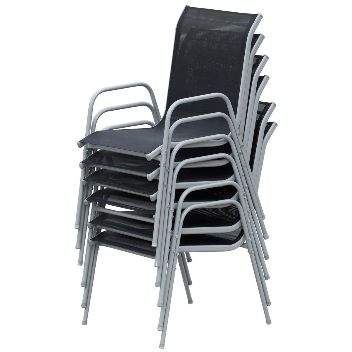 OUTSUNNY Ensemble de jardin 6 pers. 6 chaises empilables table plateau verre trempé 5 mm métal époxy gris textilène noir