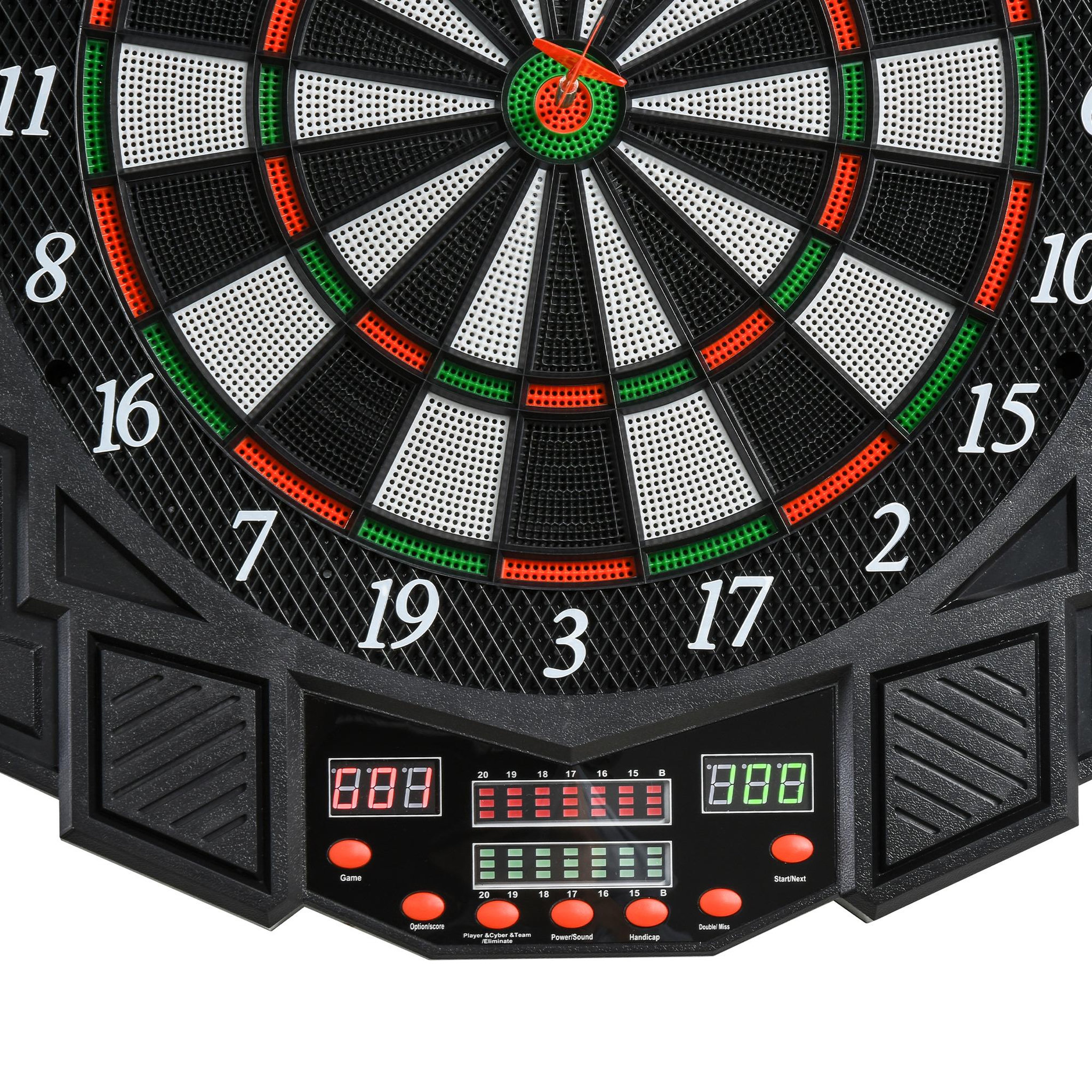 Voir la diapositive 4 : HOMCOM Cible jeu de fléchettes électronique 27 jeux jusqu'à 8 joueurs LED haut-parleur noir