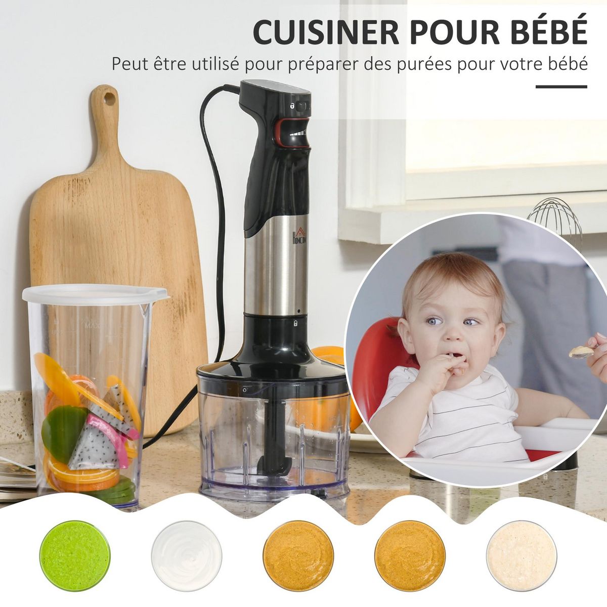 HOMCOM Mixeur plongeant multifonction 1000 W - mélangeur à main, hâchoir, batteur, 2 bols - acier inox. ABS noir