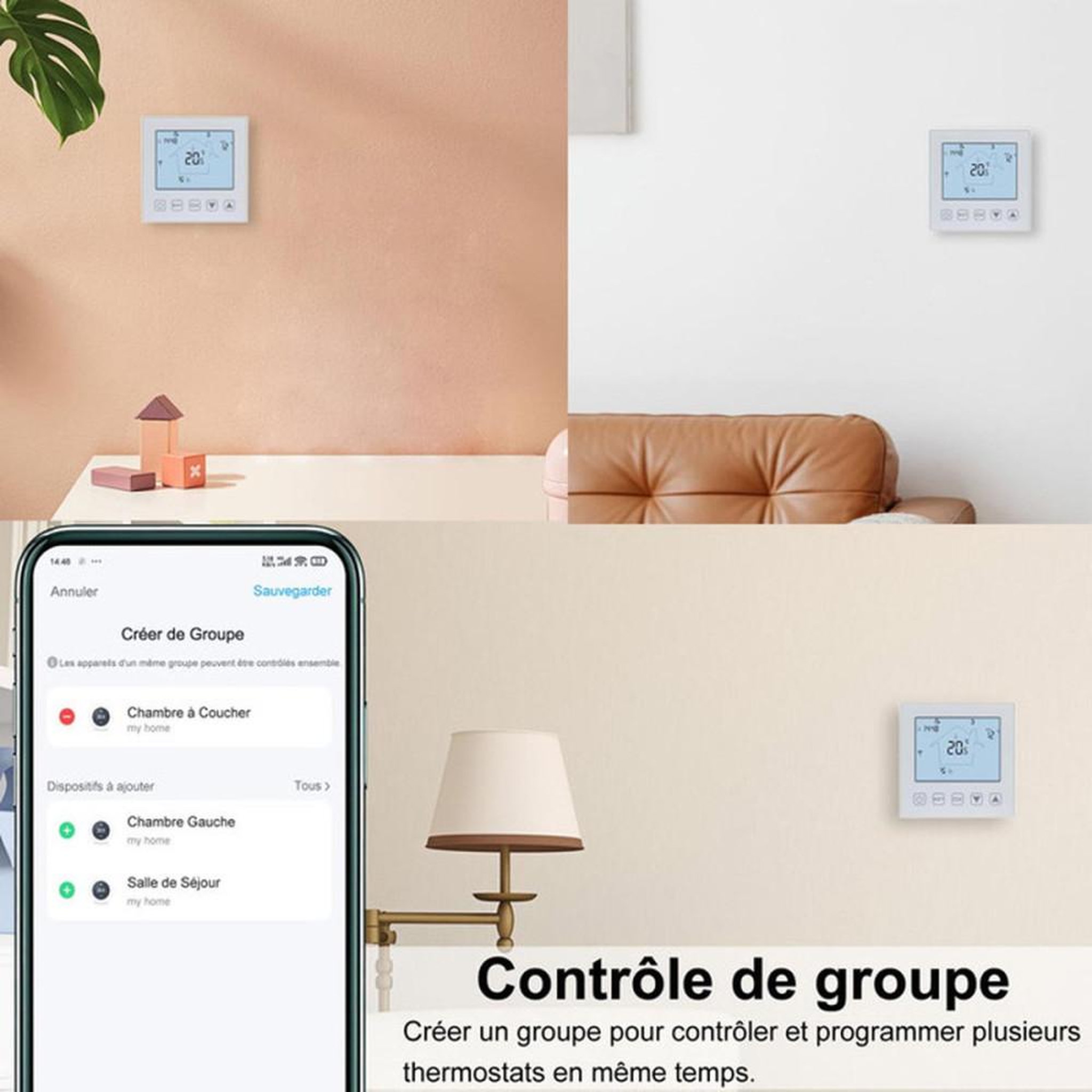 Voir la diapositive 6 : Thermostat Wi‑Fi 16 A pour chauffage au sol électrique, écran LCD, contrôle Tuya/Smart Life, commande vocale Alexa/Google, sonde NTC 2,5 m, blanc