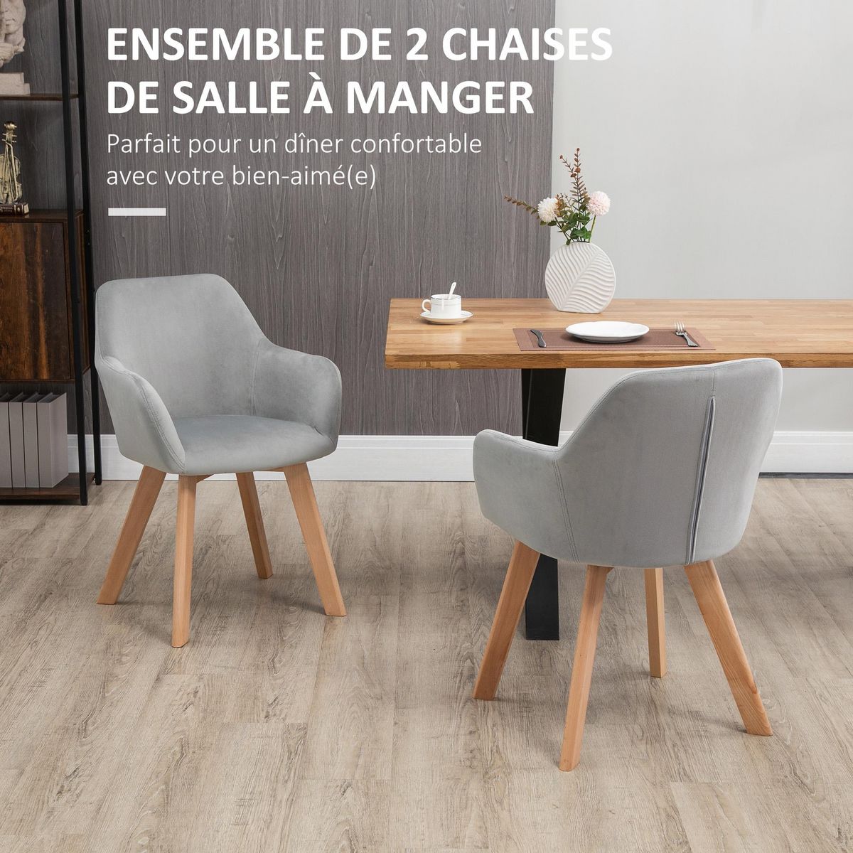 HOMCOM Chaises de visiteur design scandinave - lot de 2 chaises - pieds bois hévéa - assise dossier accoudoirs velours gris