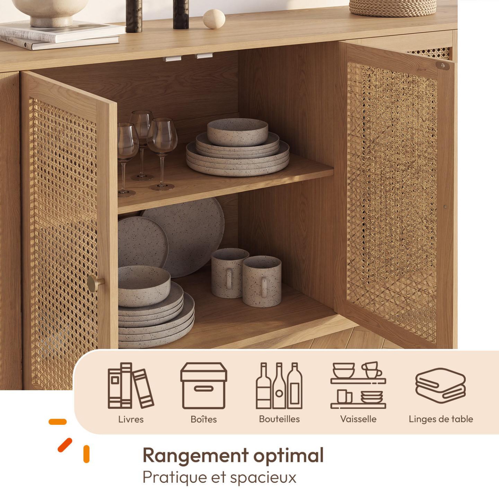 Voir la diapositive 4 : ID MARKET Buffet 160 cm DANA arrondi 4 portes bois et cannage