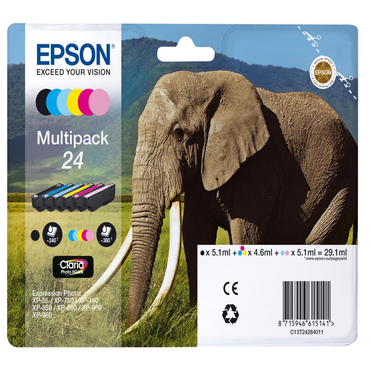 Epson Epson Cartouche Multipack 24 Elephant Claria Photo HD - Noir + 5 Couleurs
