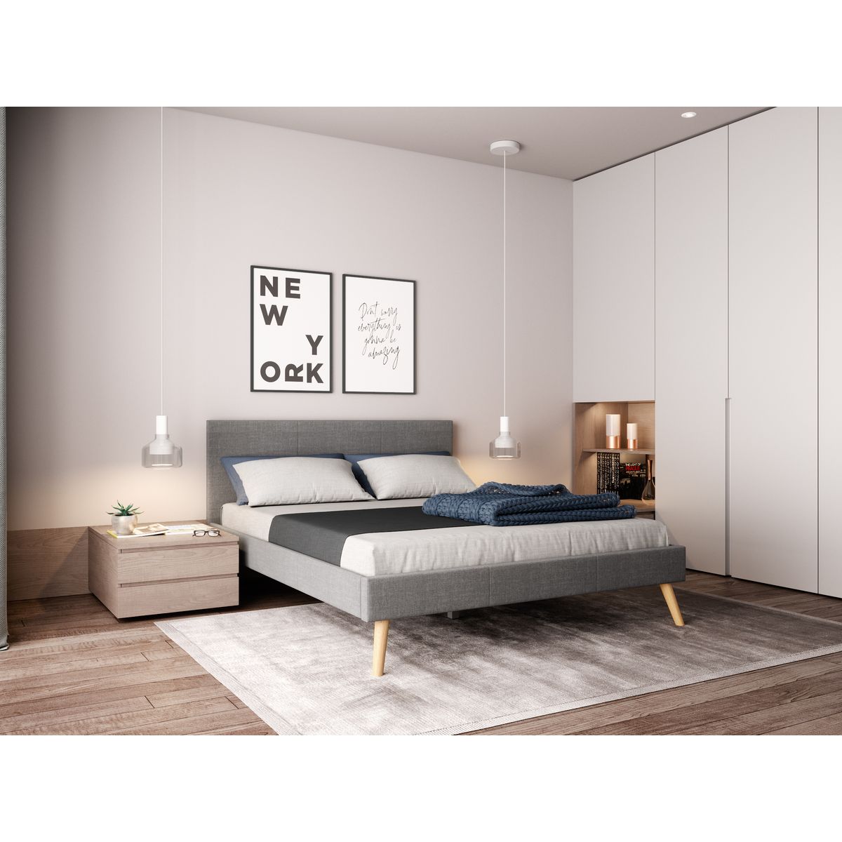 Lit scandinave tissu avec tête de lit et sommier 160x200 cm PORTIMAO